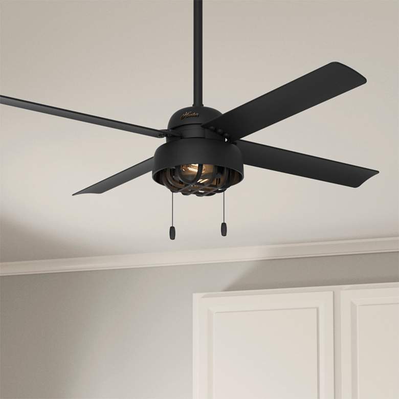 Image 1 52" Hunter Spring Mill LED Damp Rated Matte Black Fan with Pull Chain