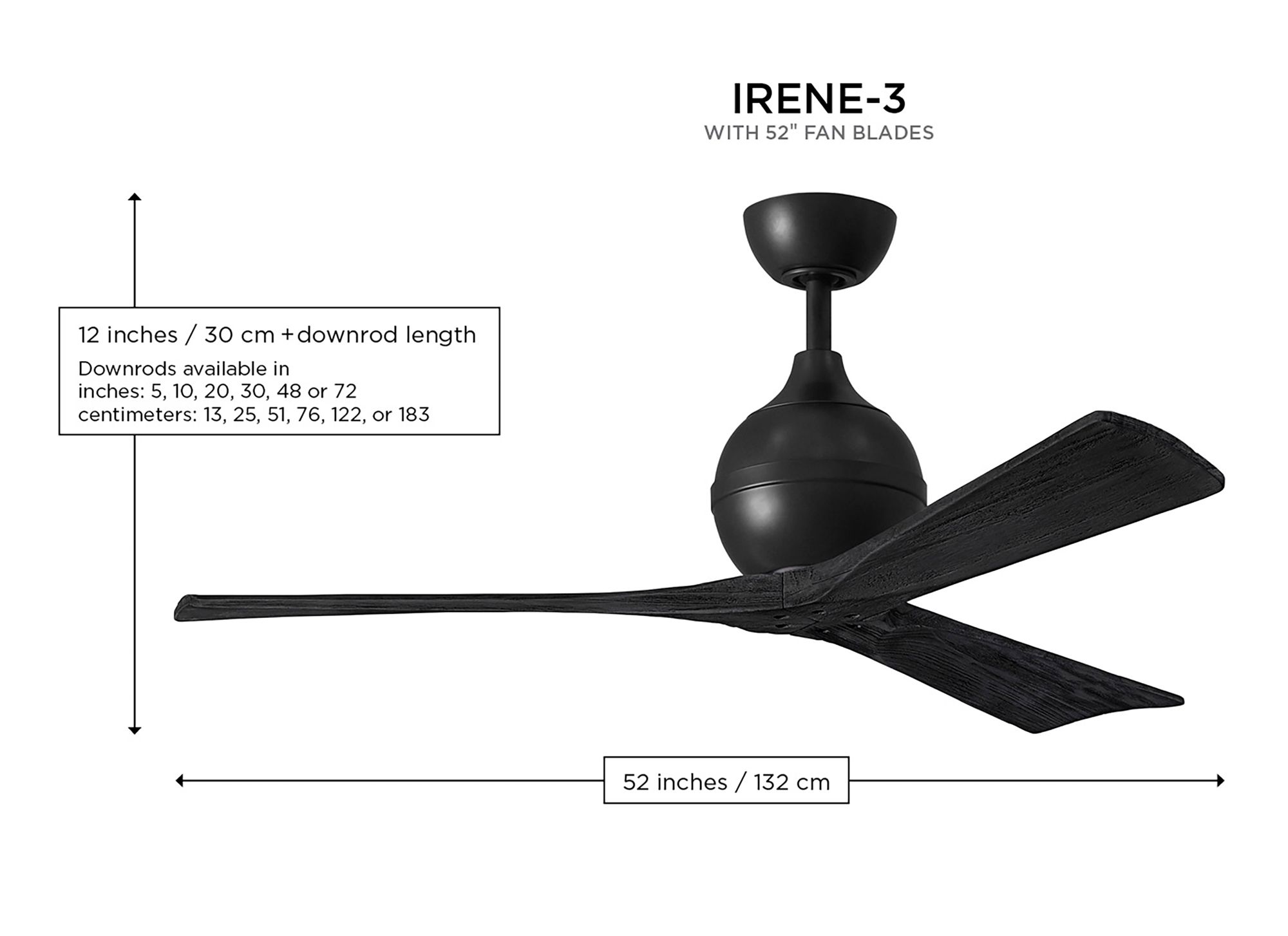 52" Irene-3 Matte Black and Light Maple Ceiling Fan
