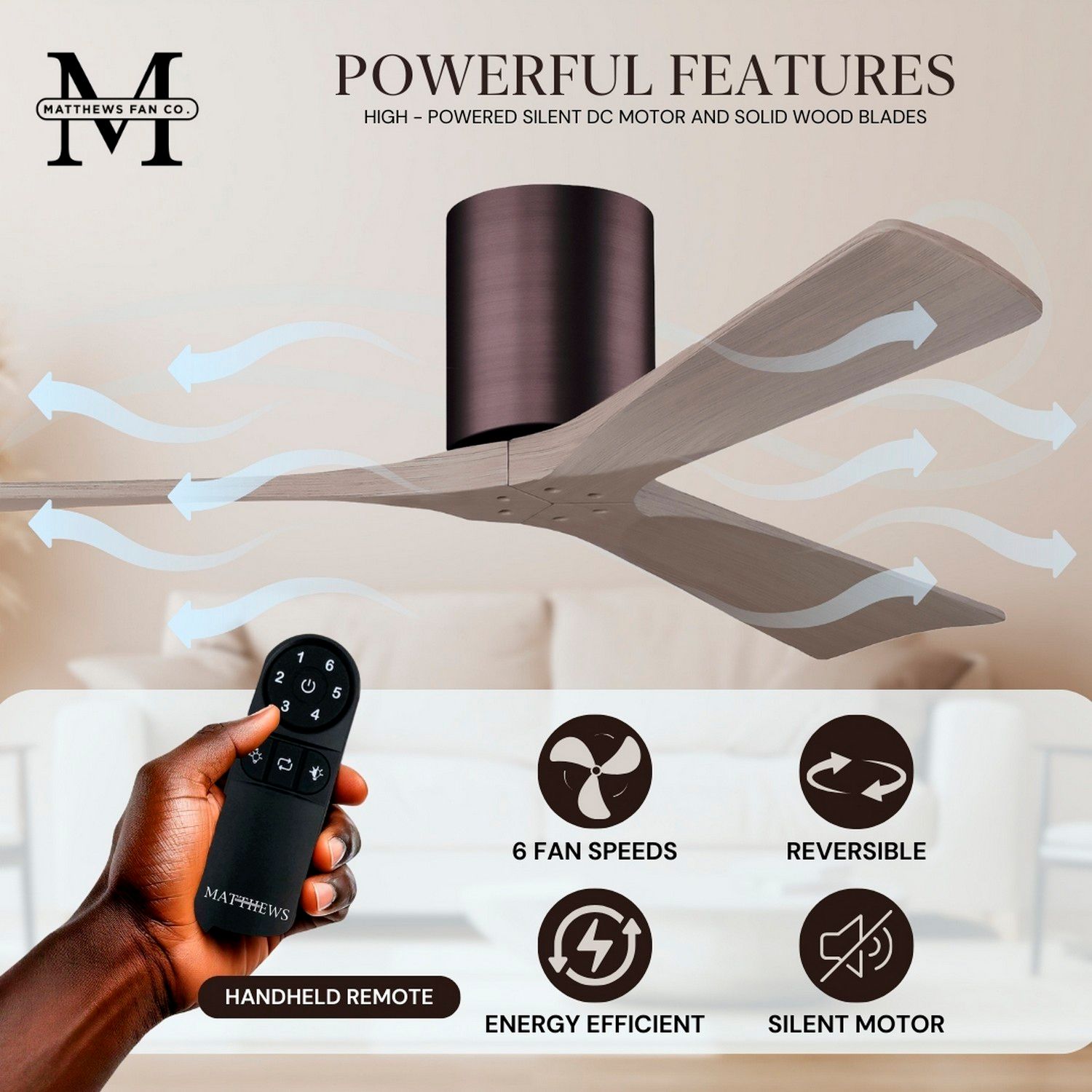 52" Irene-3H Brushed Bronze and Gray Ash Hugger Ceiling Fan