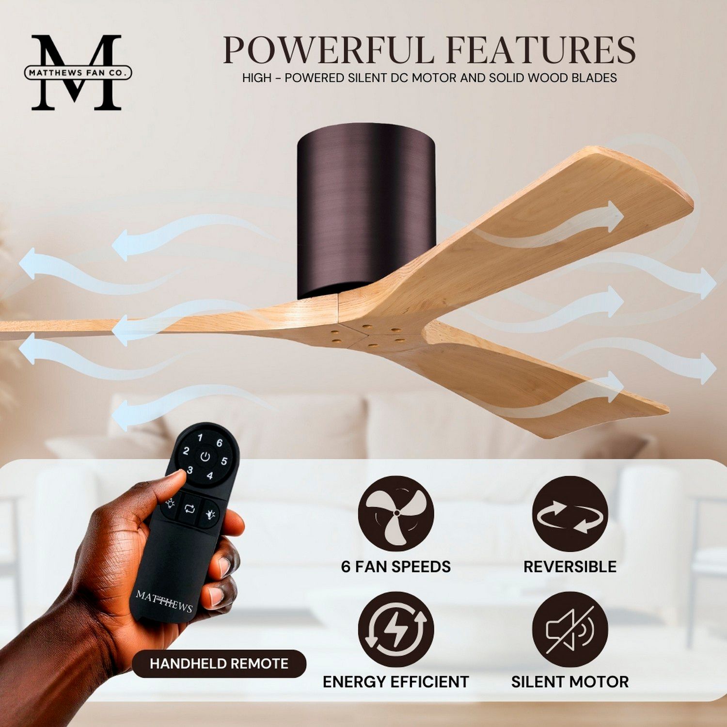 52" Irene-3H Brushed Bronze and Light Maple Hugger Ceiling Fan