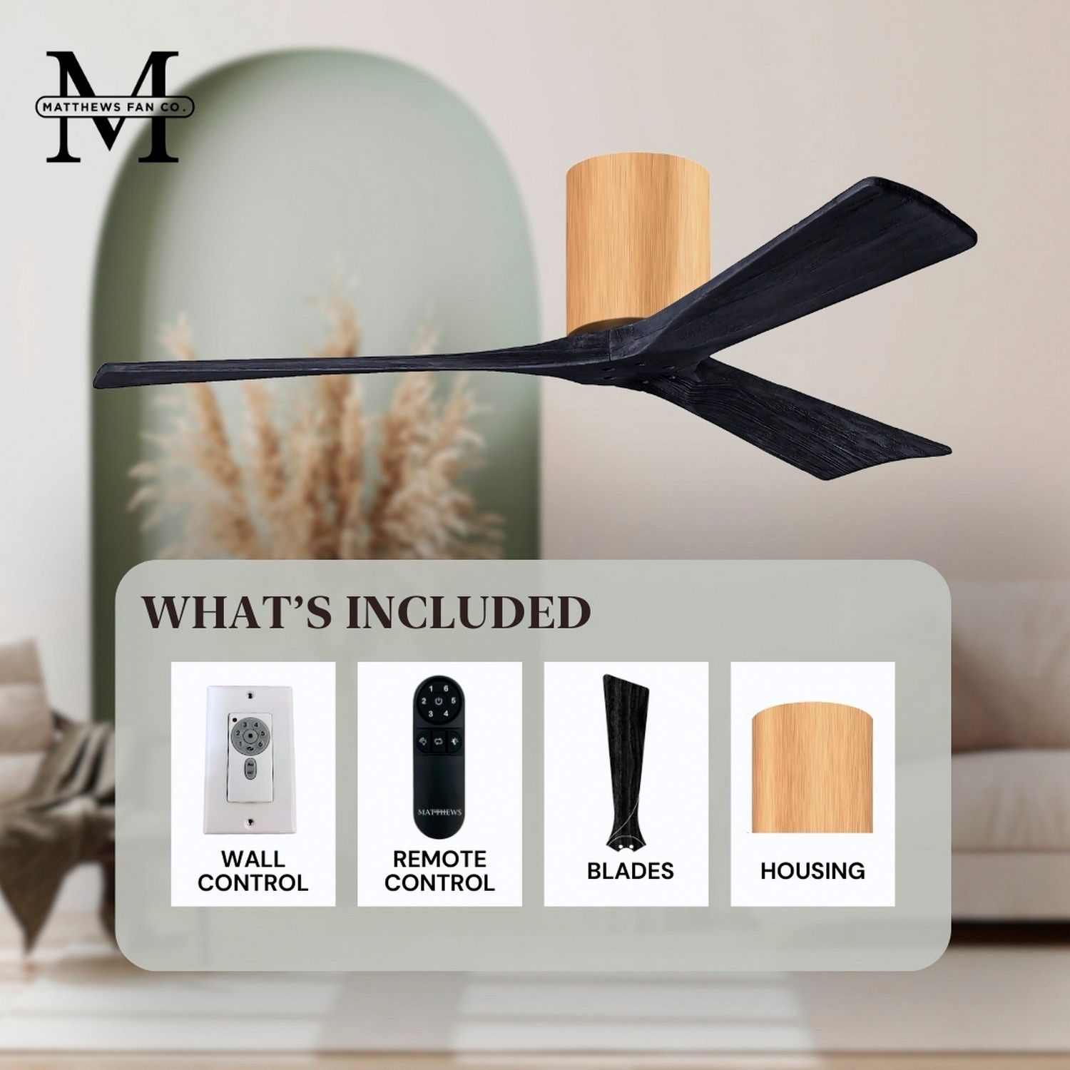 52" Irene-3H Light Maple and Matte Black Ceiling Fan