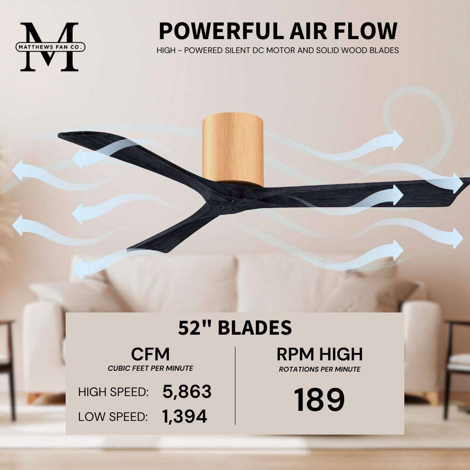 52" Irene-3H Light Maple and Matte Black Ceiling Fan