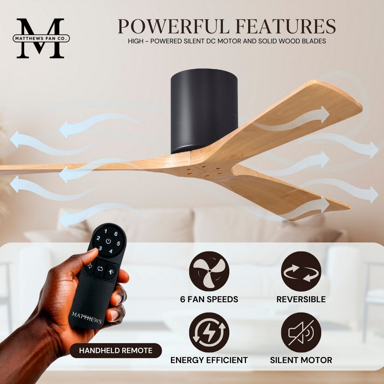 52" Irene-3H Matte Black and Light Maple Hugger Ceiling Fan