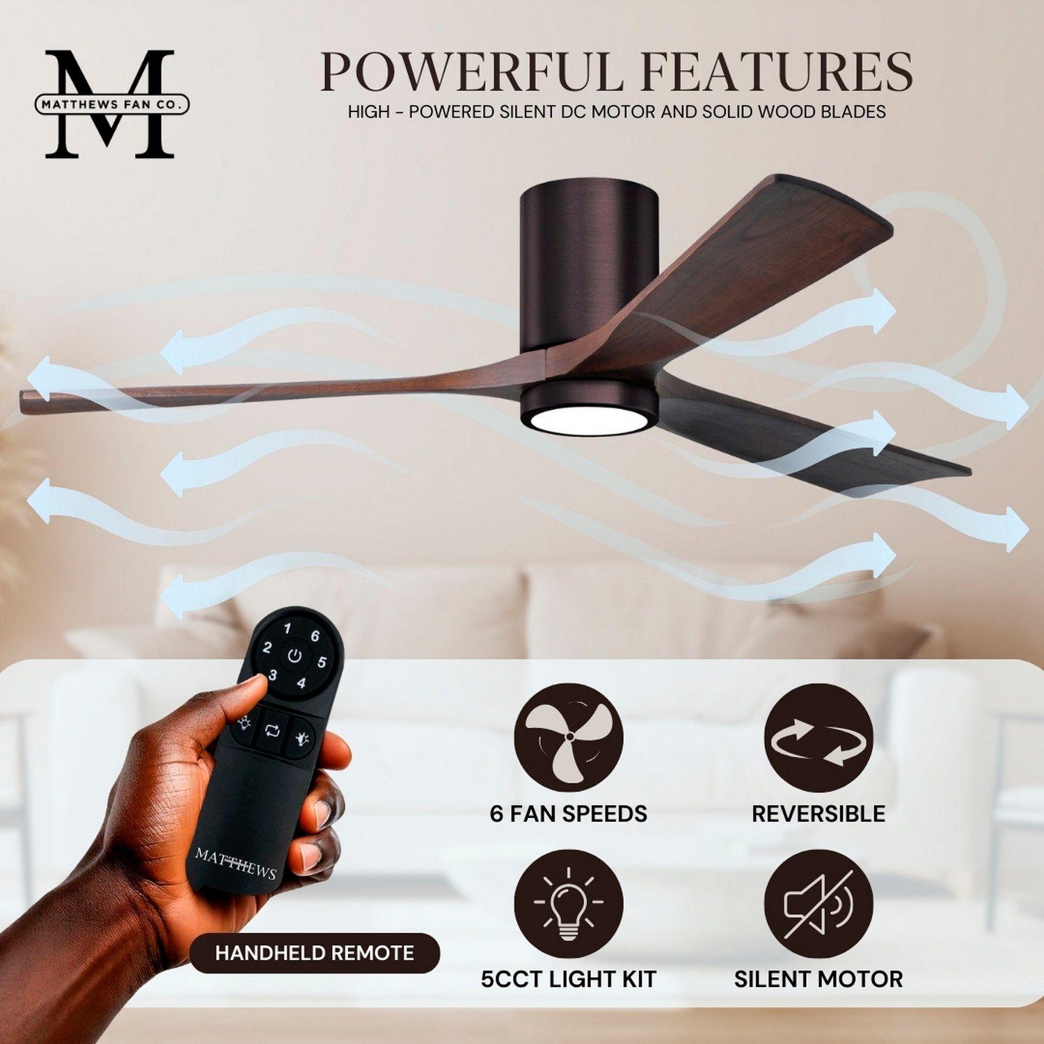52" Irene-3HLK LED Damp Brushed Bronze Walnut Ceiling Fan with Remote