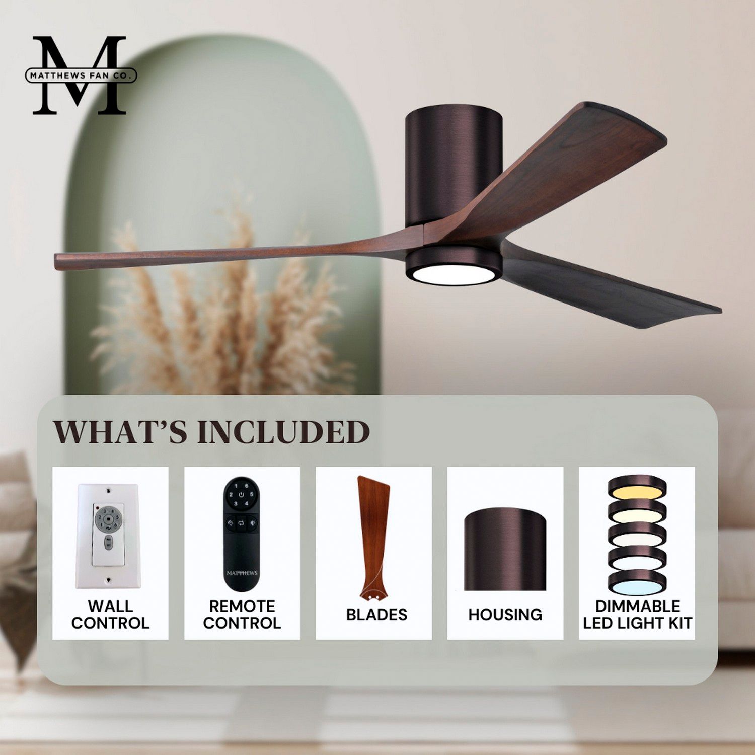 52" Irene-3HLK LED Damp Brushed Bronze Walnut Ceiling Fan with Remote