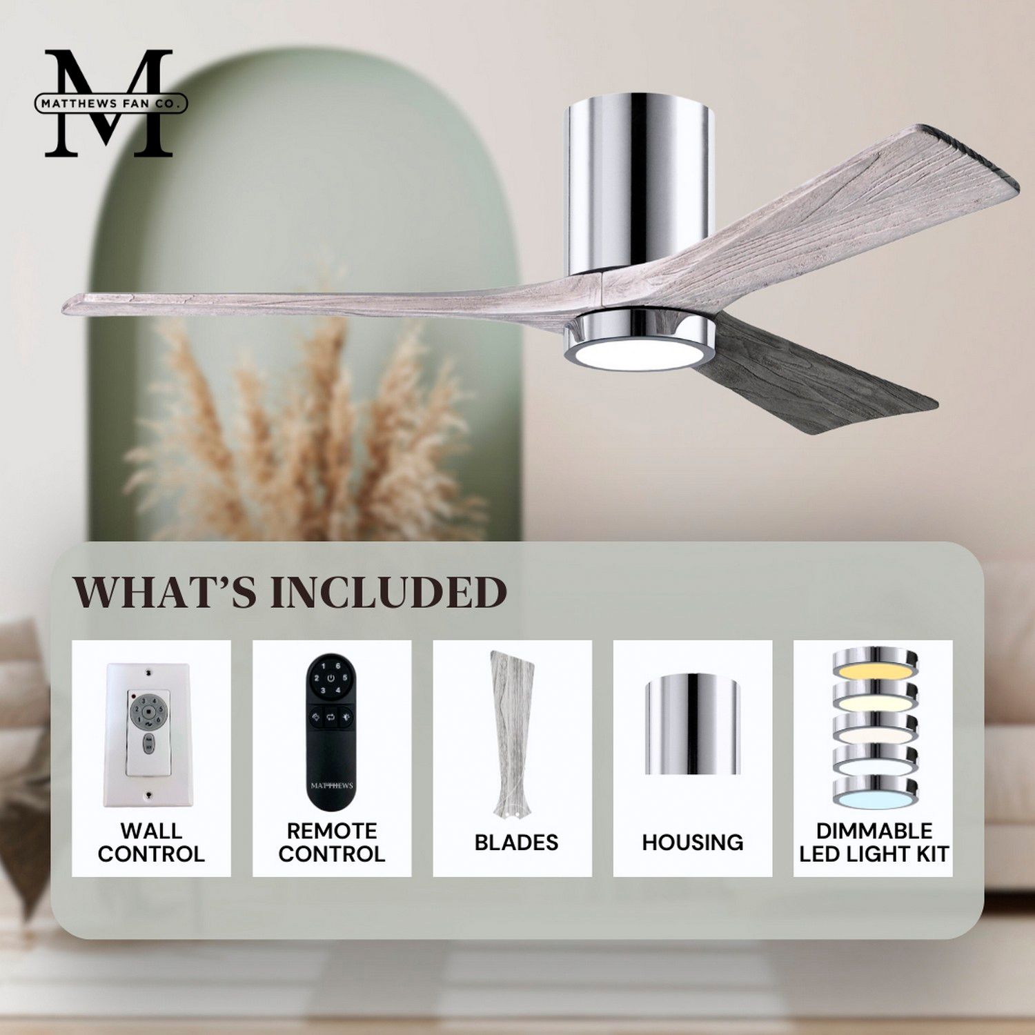 52" Irene-3HLK LED Damp Chrome and Barn Wood Ceiling Fan with Remote