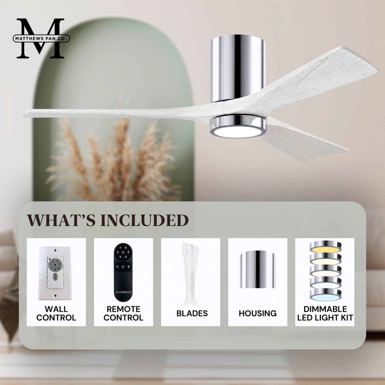 52" Irene-3HLK LED Damp Polished Chrome White Ceiling Fan with Remote