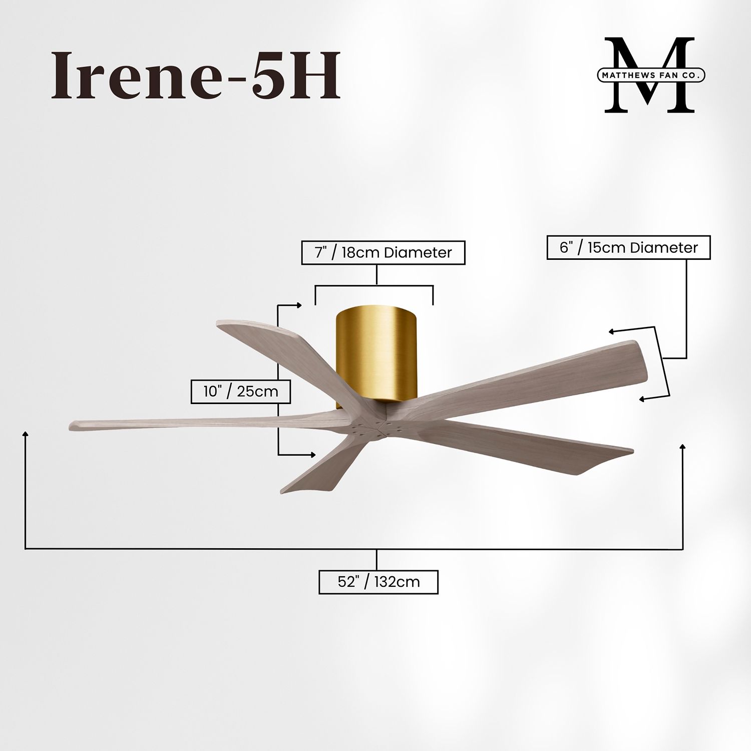 52" Irene-5H Brushed Brass and Gray Ash Ceiling Fan