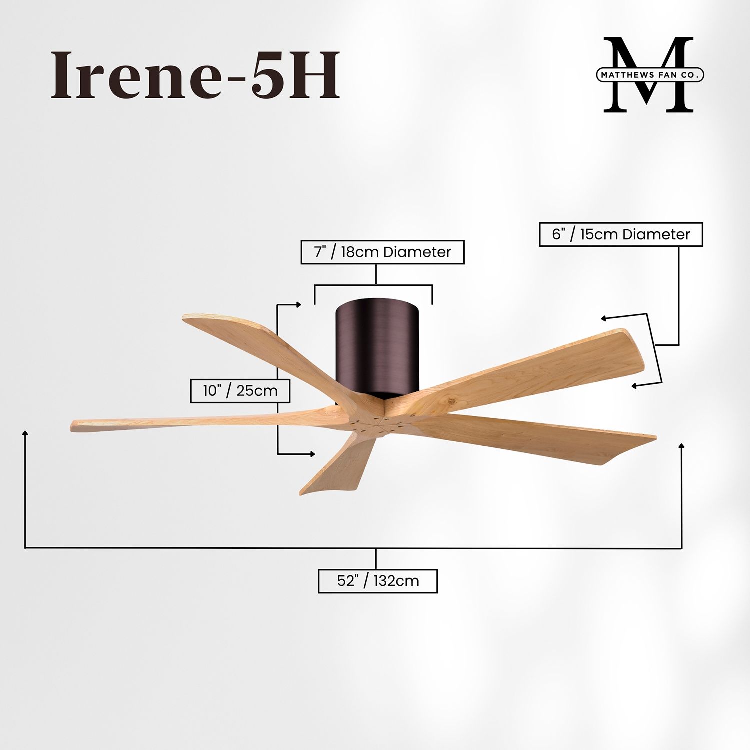 52" Irene-5H Brushed Bronze and Light Maple Ceiling Fan