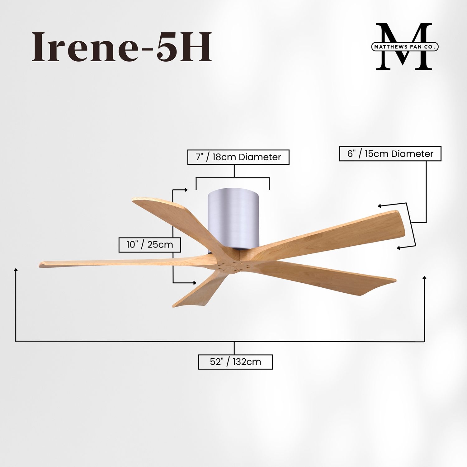 52" Irene-5H Brushed Nickel and Light Maple Ceiling Fan