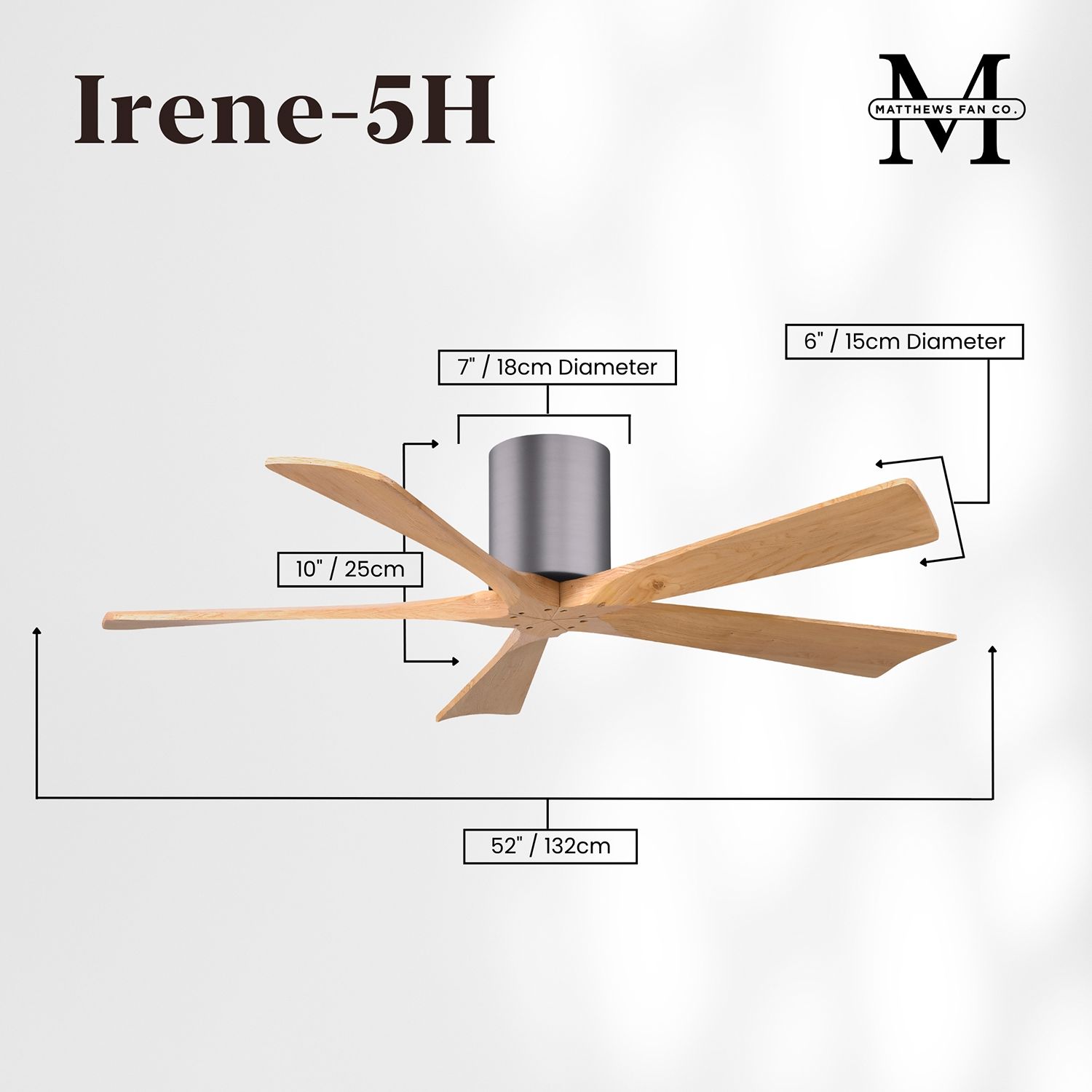 52" Irene-5H Brushed Pewter and Light Maple Ceiling Fan