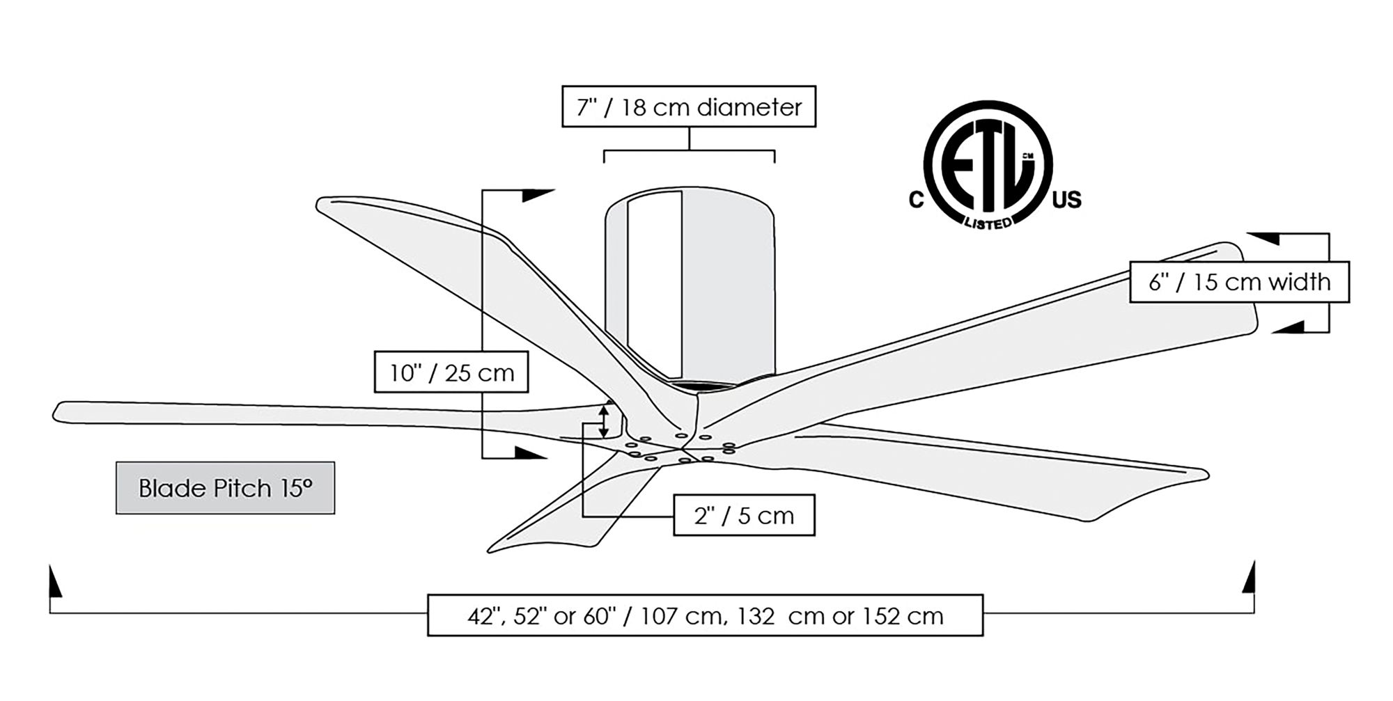 52" Irene-5H Light Maple and Matte Black Ceiling Fan
