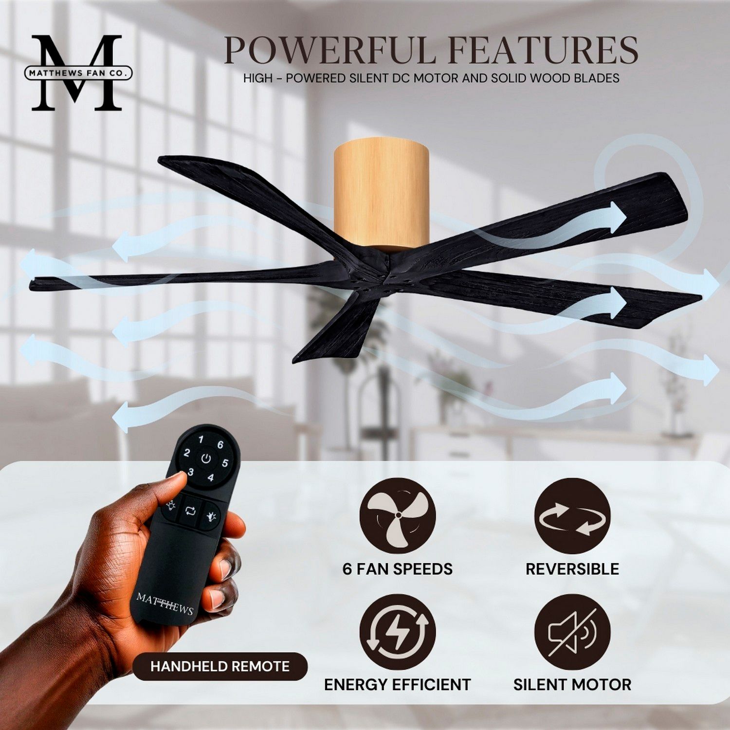 52" Irene-5H Light Maple and Matte Black Ceiling Fan