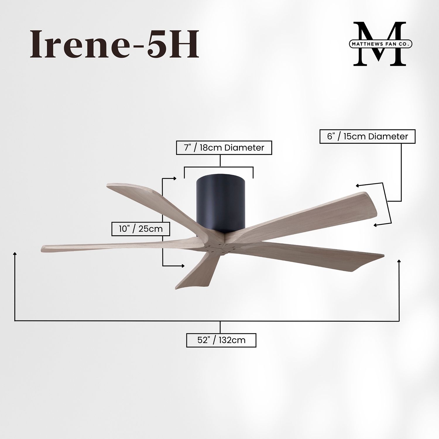 52" Irene-5H Matte Black and Gray Ash Ceiling Fan