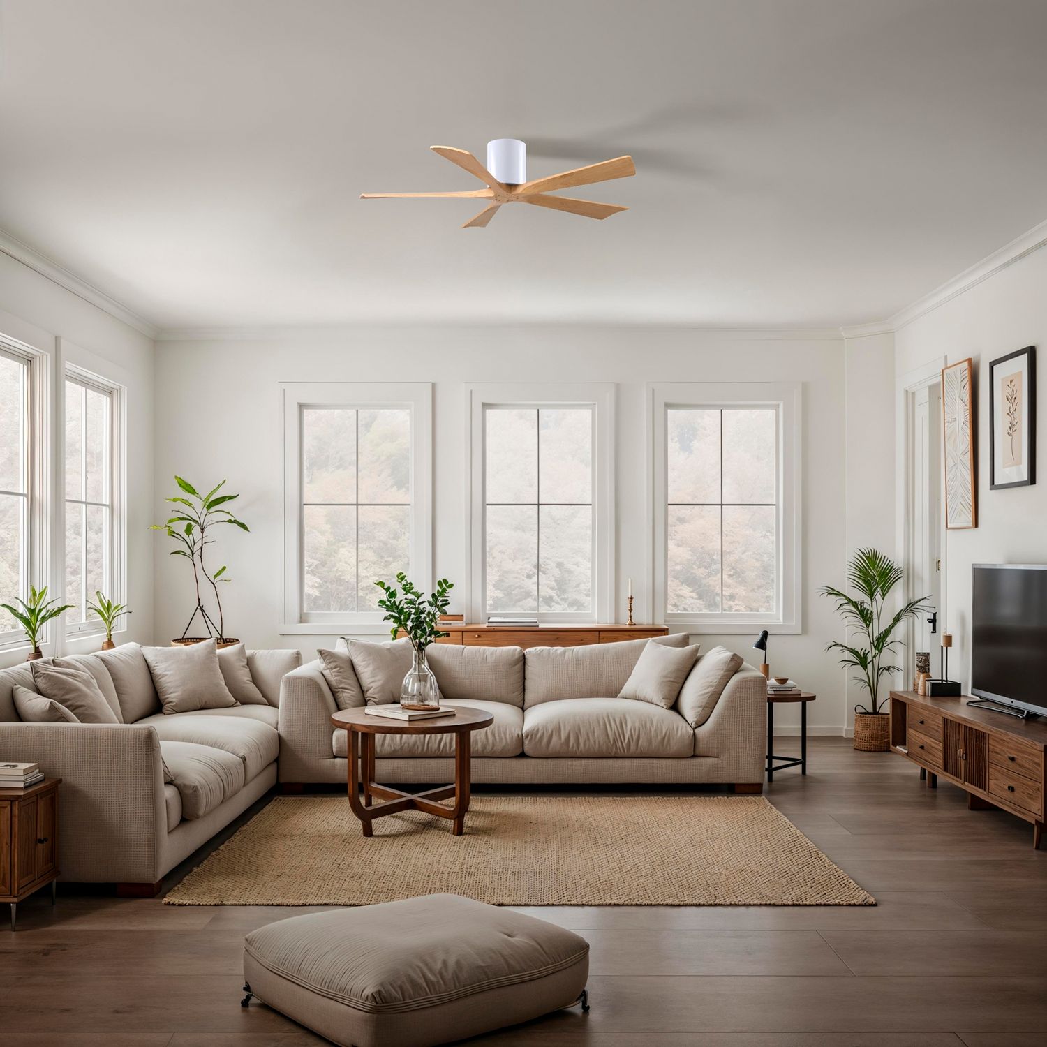 52" Irene-5H Matte White and Light Maple Tone Ceiling Fan