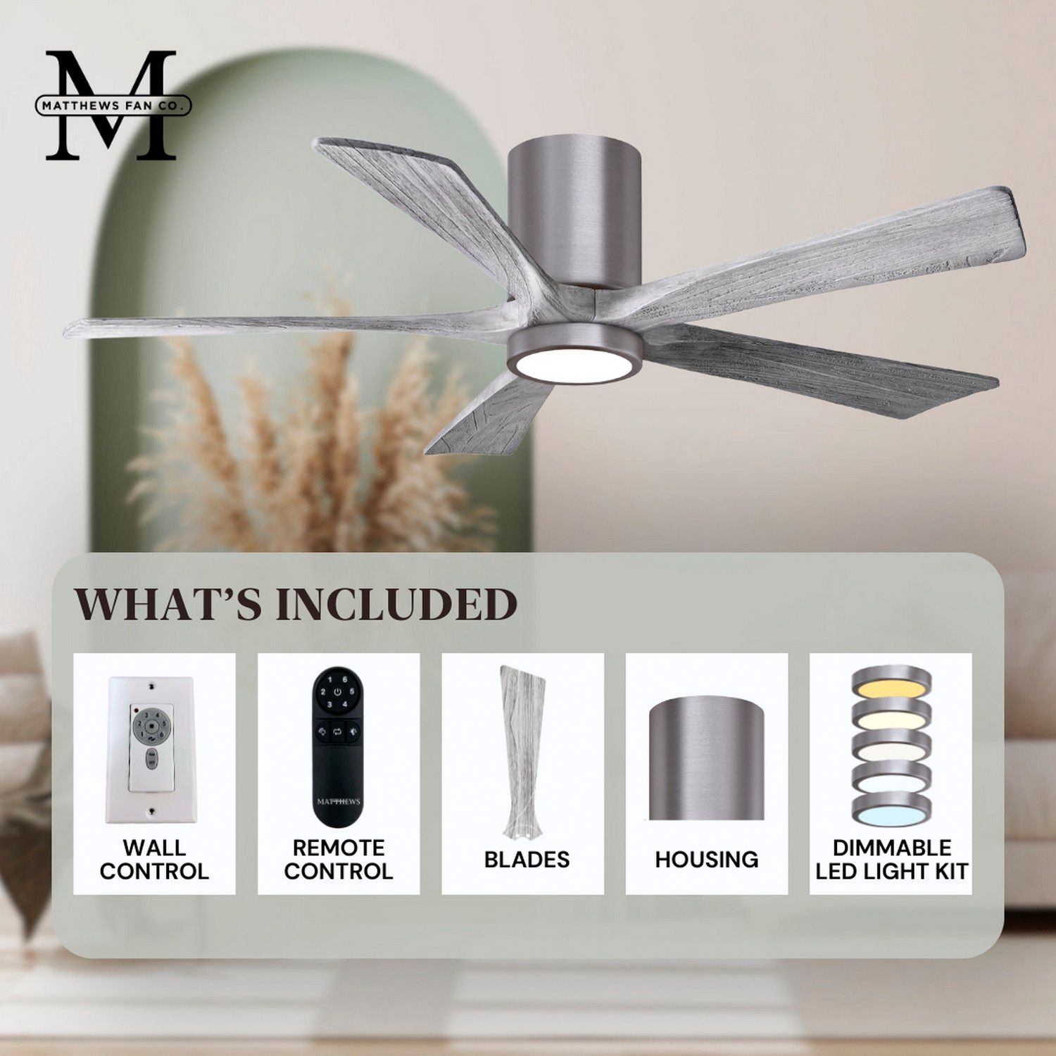 52" Irene-5HLK Brushed Pewter and Barnwood Ceiling Fan