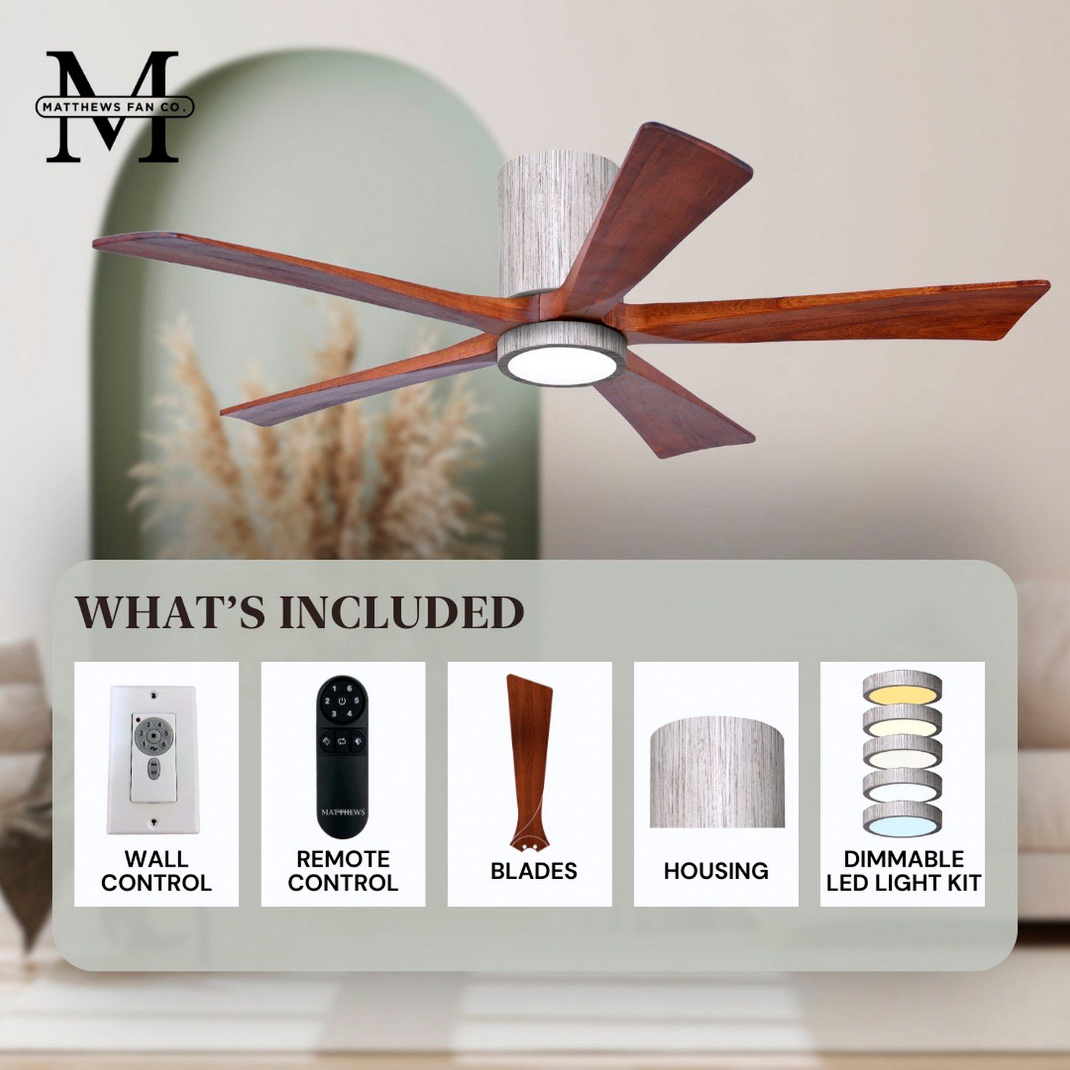 52" Irene-5HLK LED Damp Barnwood Walnut Hugger Ceiling Fan with Remote