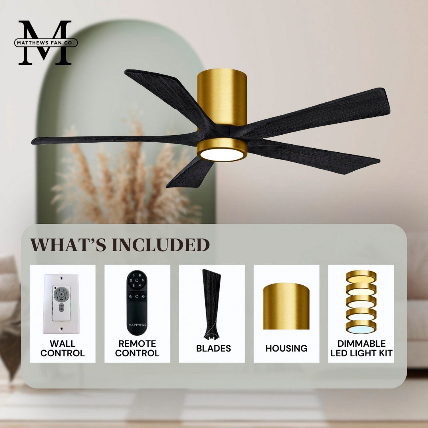 52" Irene-5HLK LED Damp Brass Matte Black Ceiling Fan with Remote