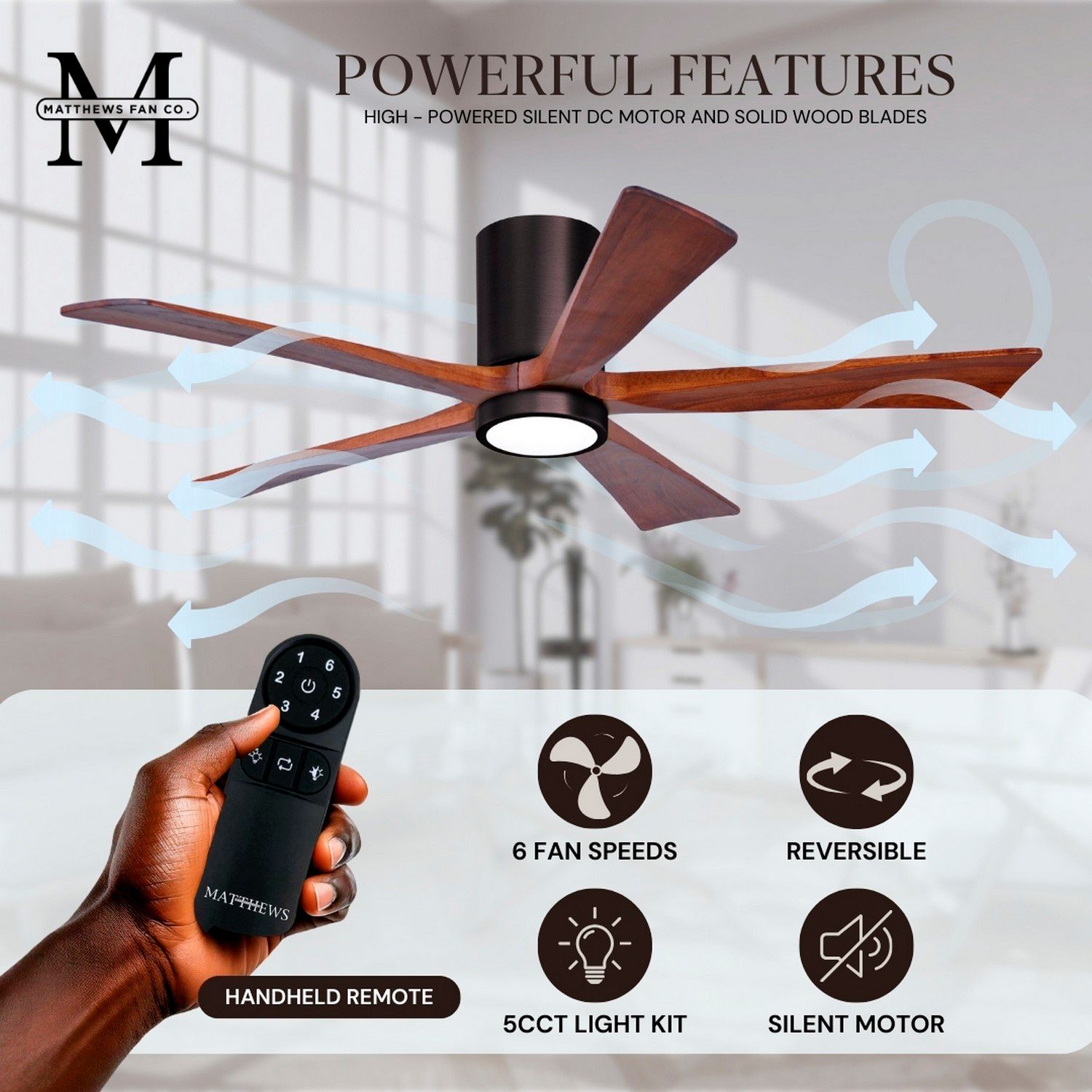 52" Irene-5HLK LED Damp Brushed Bronze Walnut Ceiling Fan with Remote