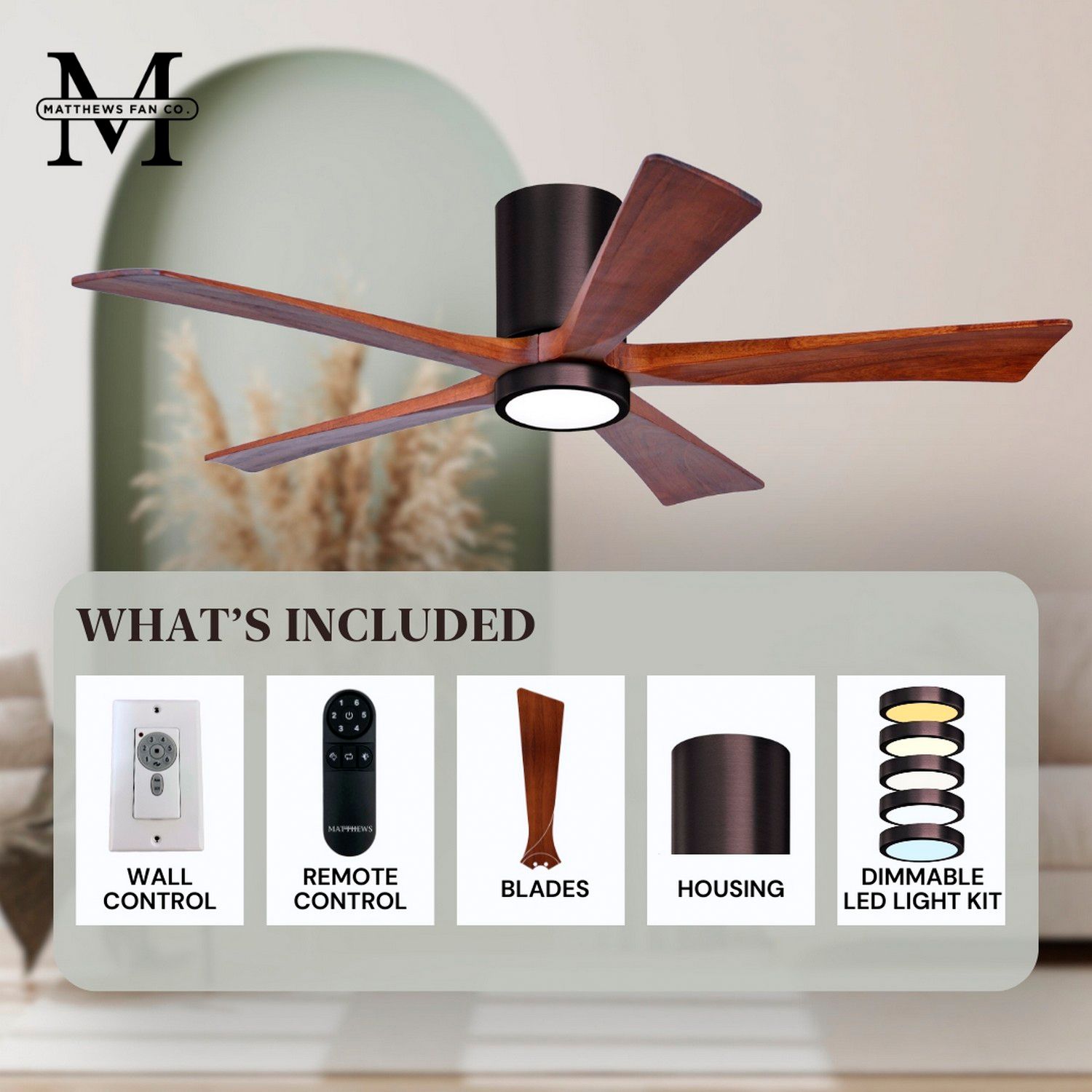 52" Irene-5HLK LED Damp Brushed Bronze Walnut Ceiling Fan with Remote