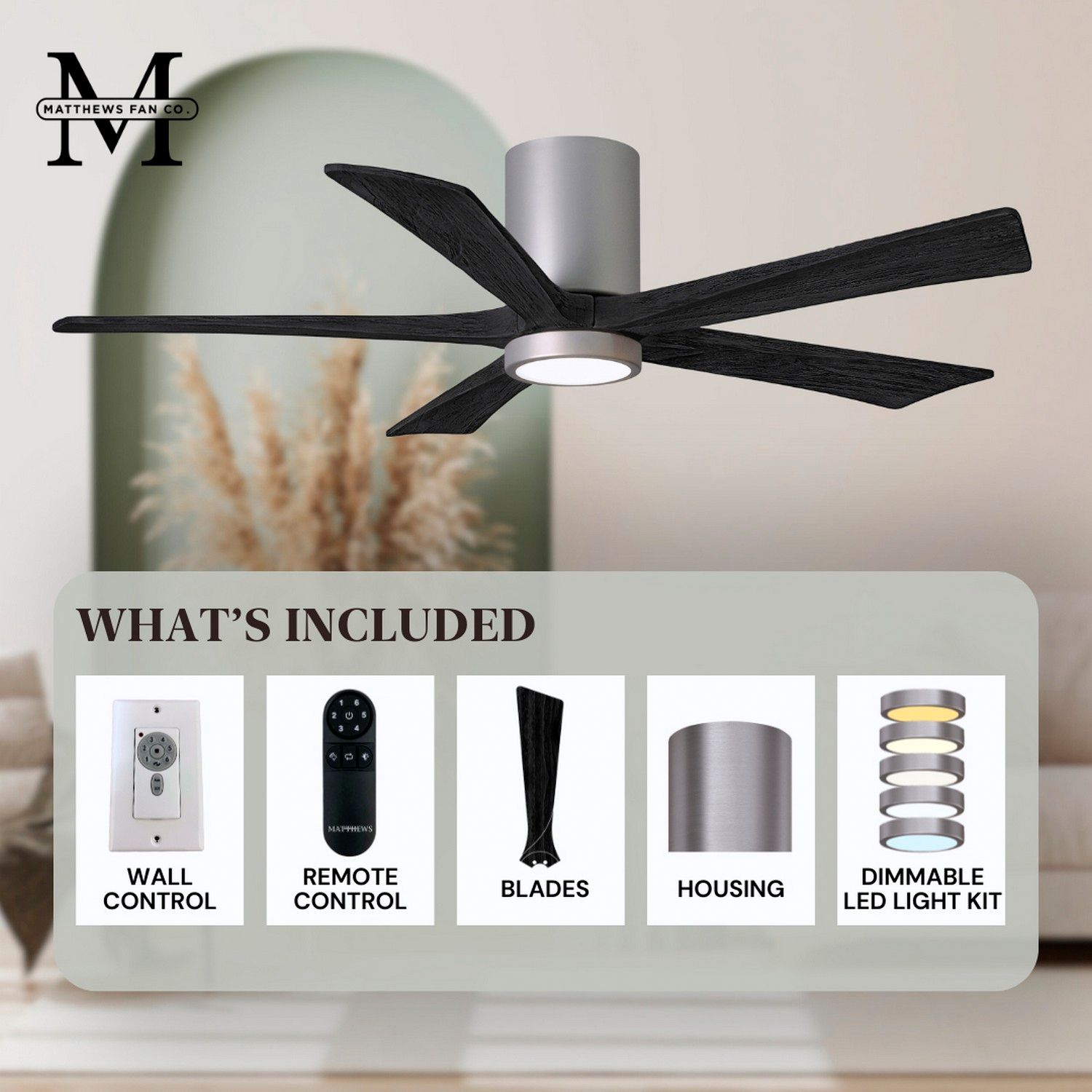 52" Irene-5HLK LED Damp Brushed Nickel Black Ceiling Fan with Remote