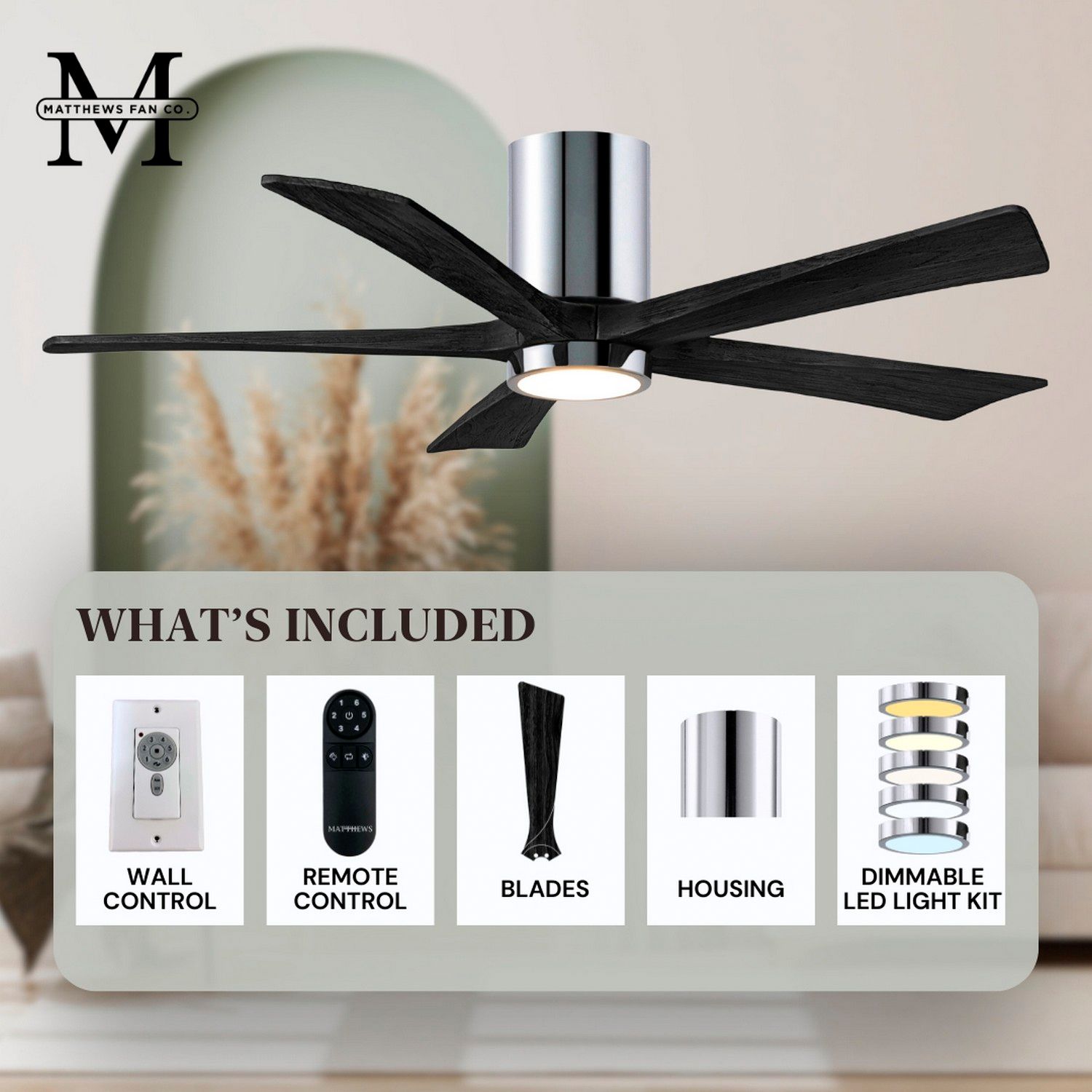 52" Irene-5HLK LED Damp Polished Chrome Black Ceiling Fan with Remote