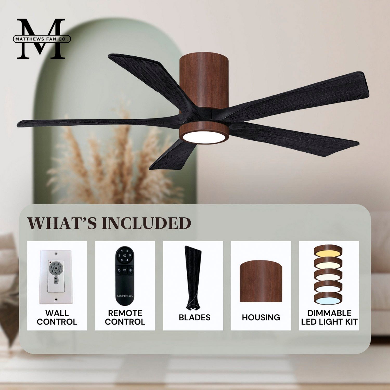 52" Irene-5HLK LED Damp Walnut and Matte Black Ceiling Fan with Remote