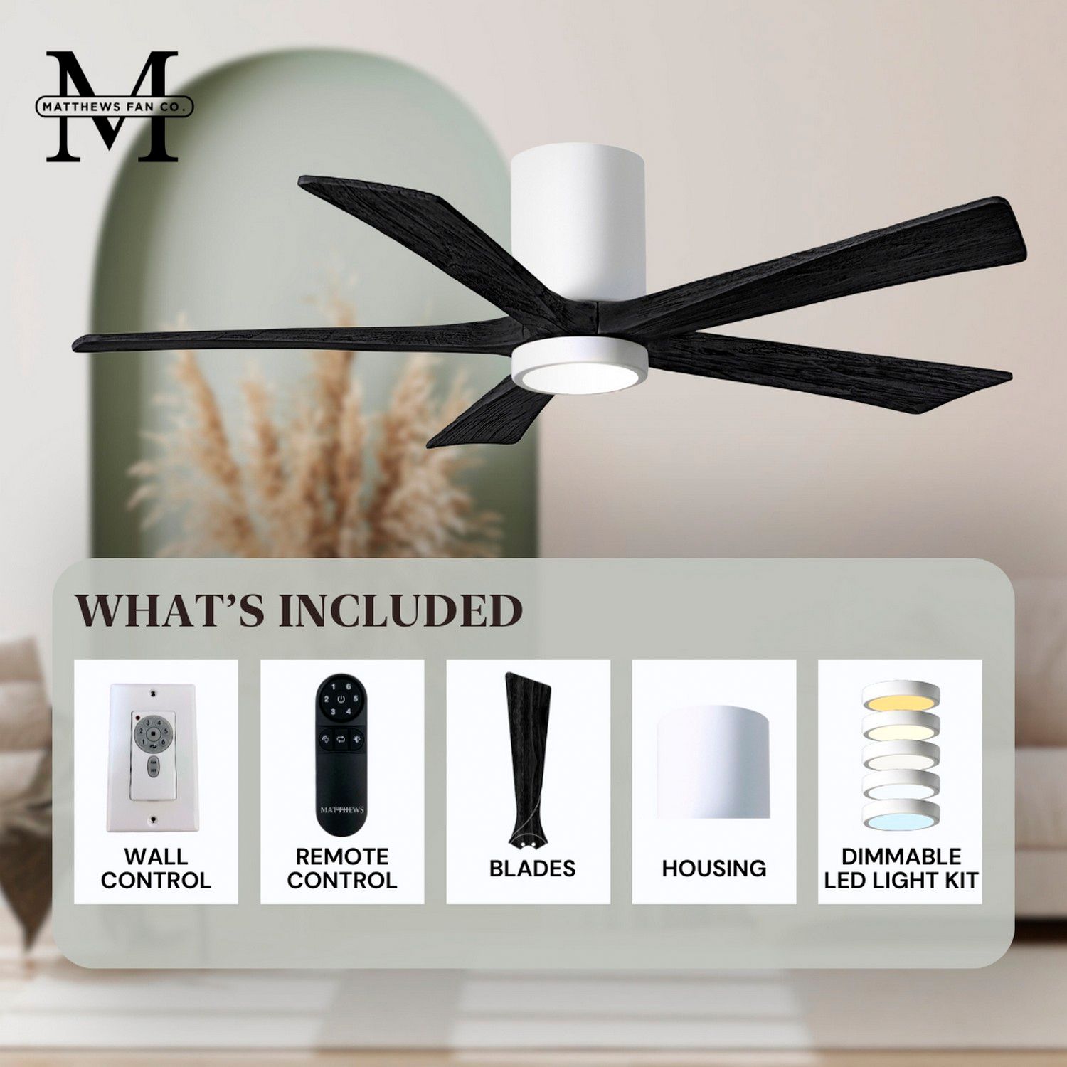 52" Irene-5HLK LED Damp White Matte Black Ceiling Fan with Remote