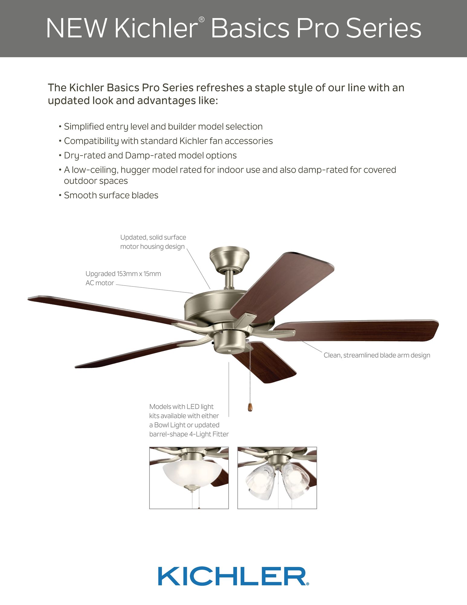 Image 2 52" Kichler Basics Pro Satin Black 5-Blade Pull Chain Damp Ceiling Fan more views