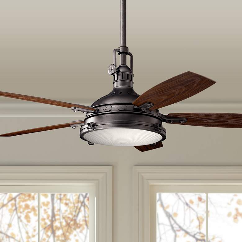 Image 1 52 inch Kichler Hatteras Bay Anvil Iron Outdoor LED Fan with Remote
