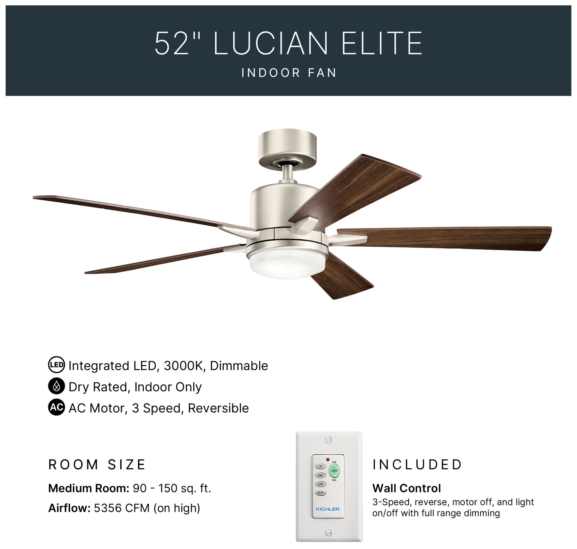 Image 6 52" Kichler Lucian Brushed Nickel LED Ceiling Fan with Wall Control more views
