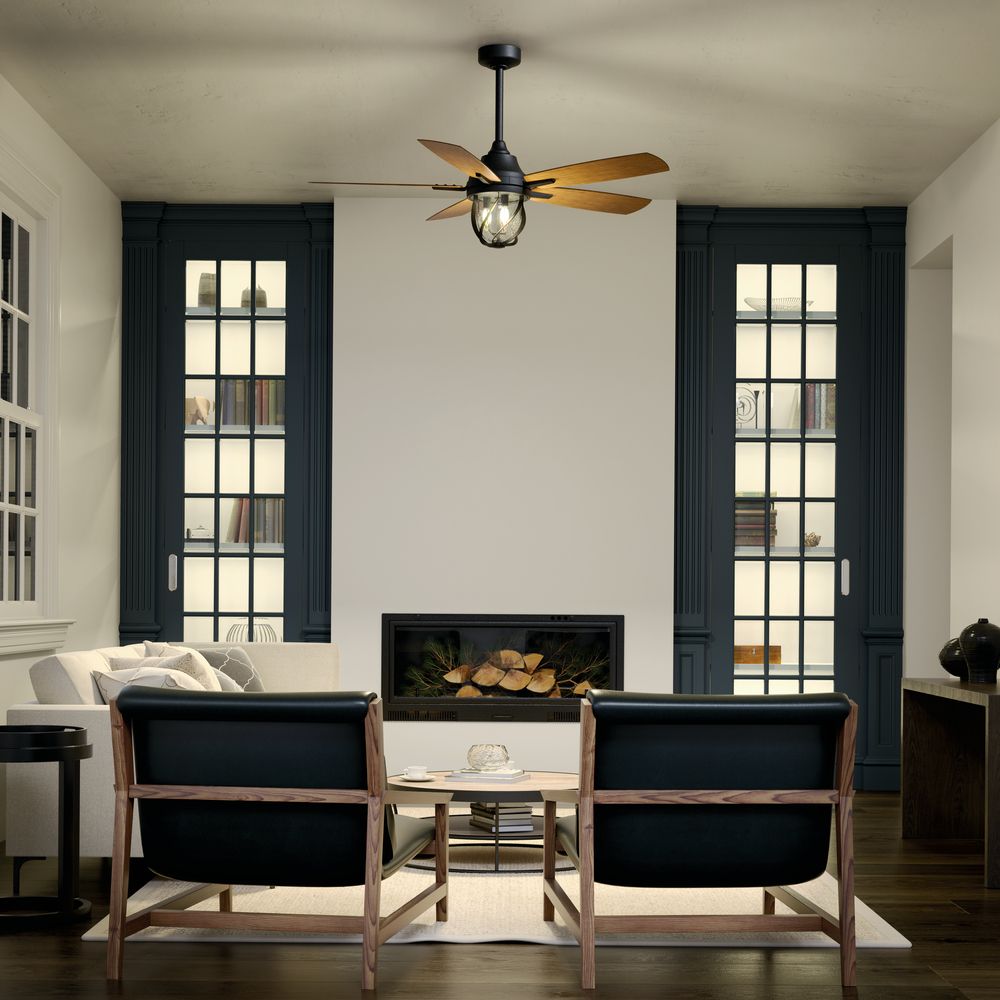 52" Kichler Lydra Black Damp Rated LED Ceiling Fan with Remote in scene