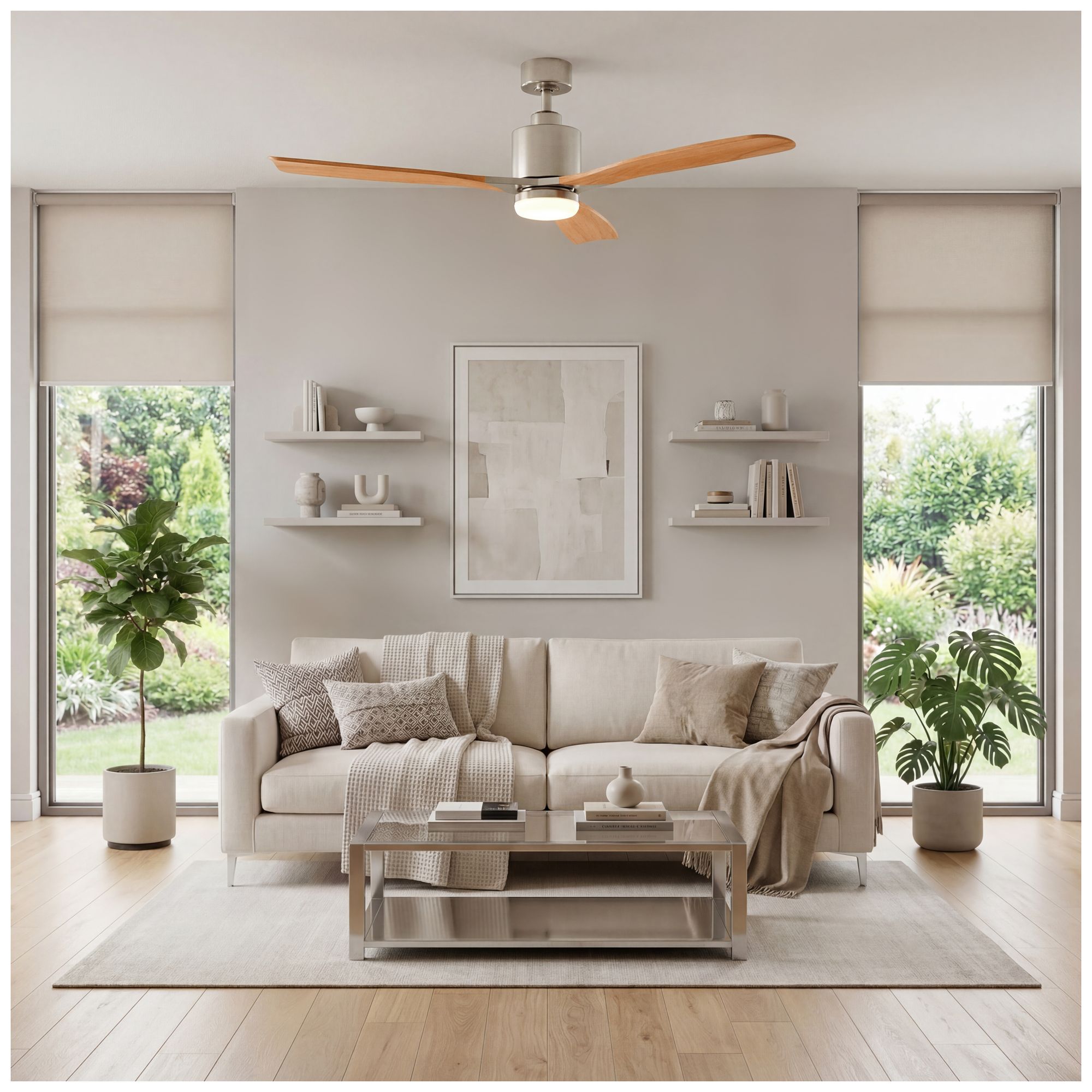 52" Kichler Ridley II Steel and Oak LED Ceiling Fan with Wall Control