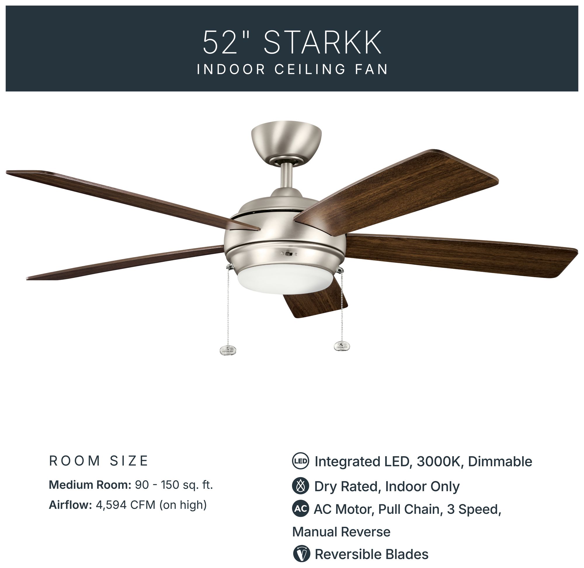 Image 5 52" Kichler Starkk Brushed Nickel LED Pull Chain Ceiling Fan more views