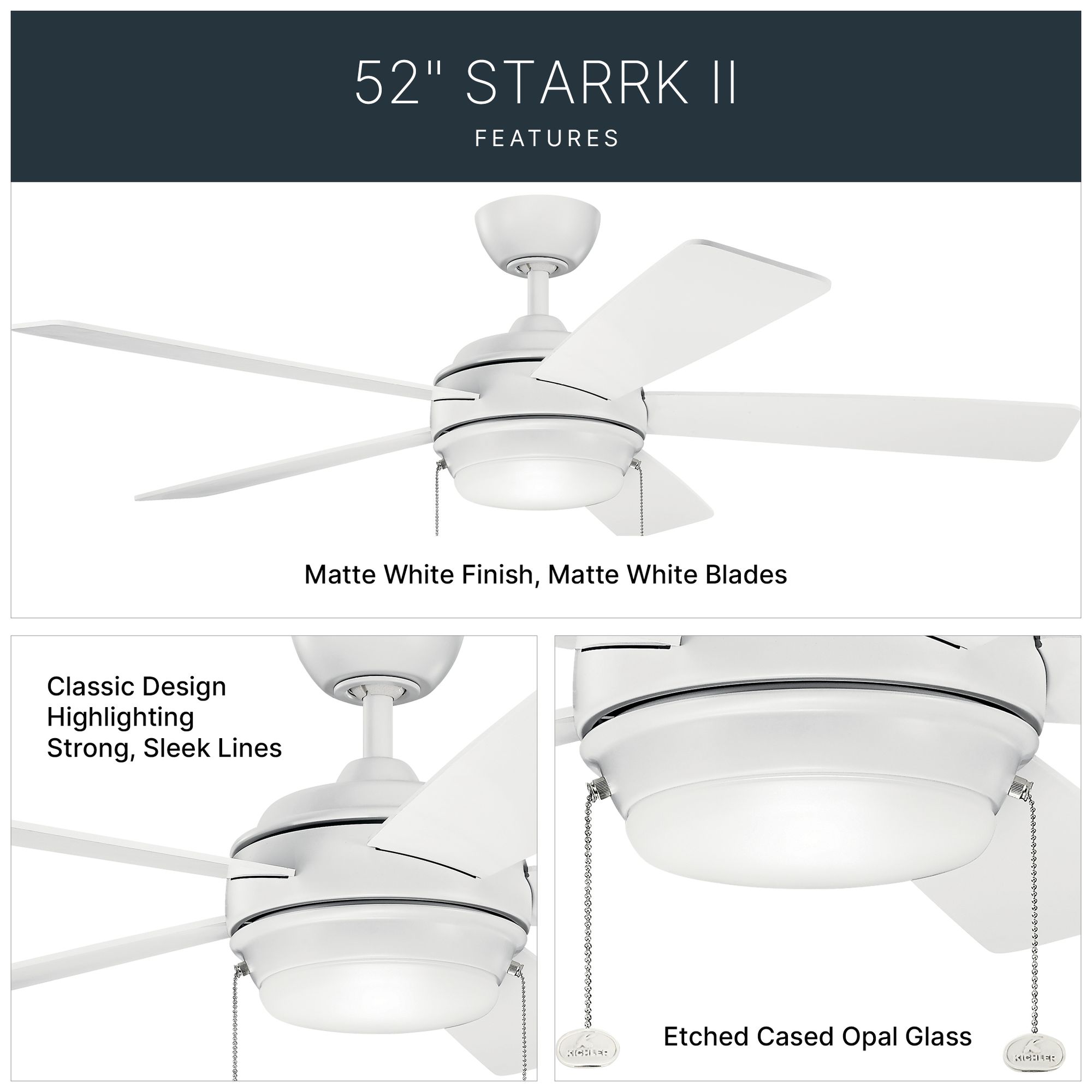 Image 5 52" Kichler Starkk Matte White LED Ceiling Fan with Pull Chain more views