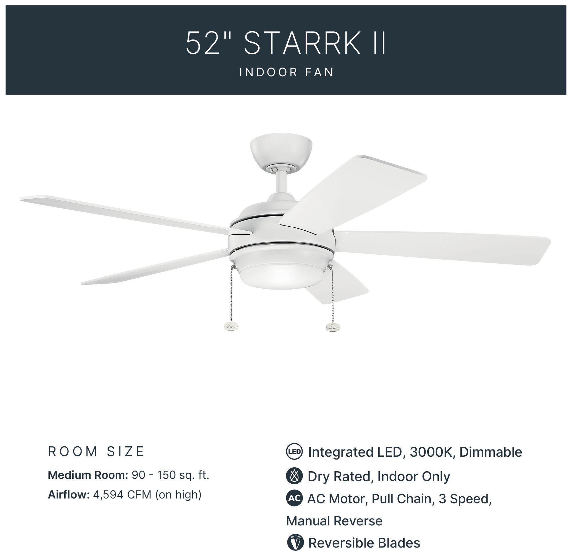 Image 6 52" Kichler Starkk Matte White LED Ceiling Fan with Pull Chain more views