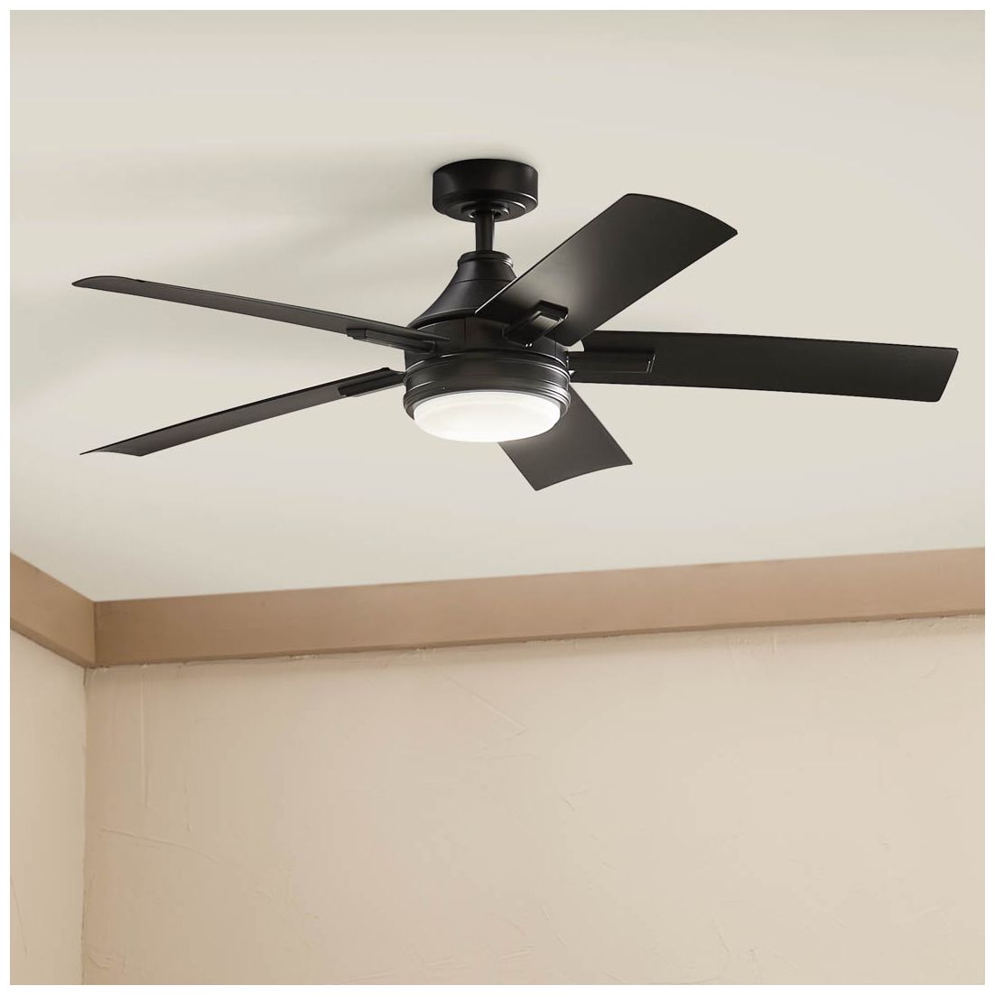 52" Kichler Tide Satin Black LED Outdoor Ceiling Fan with Remote in scene
