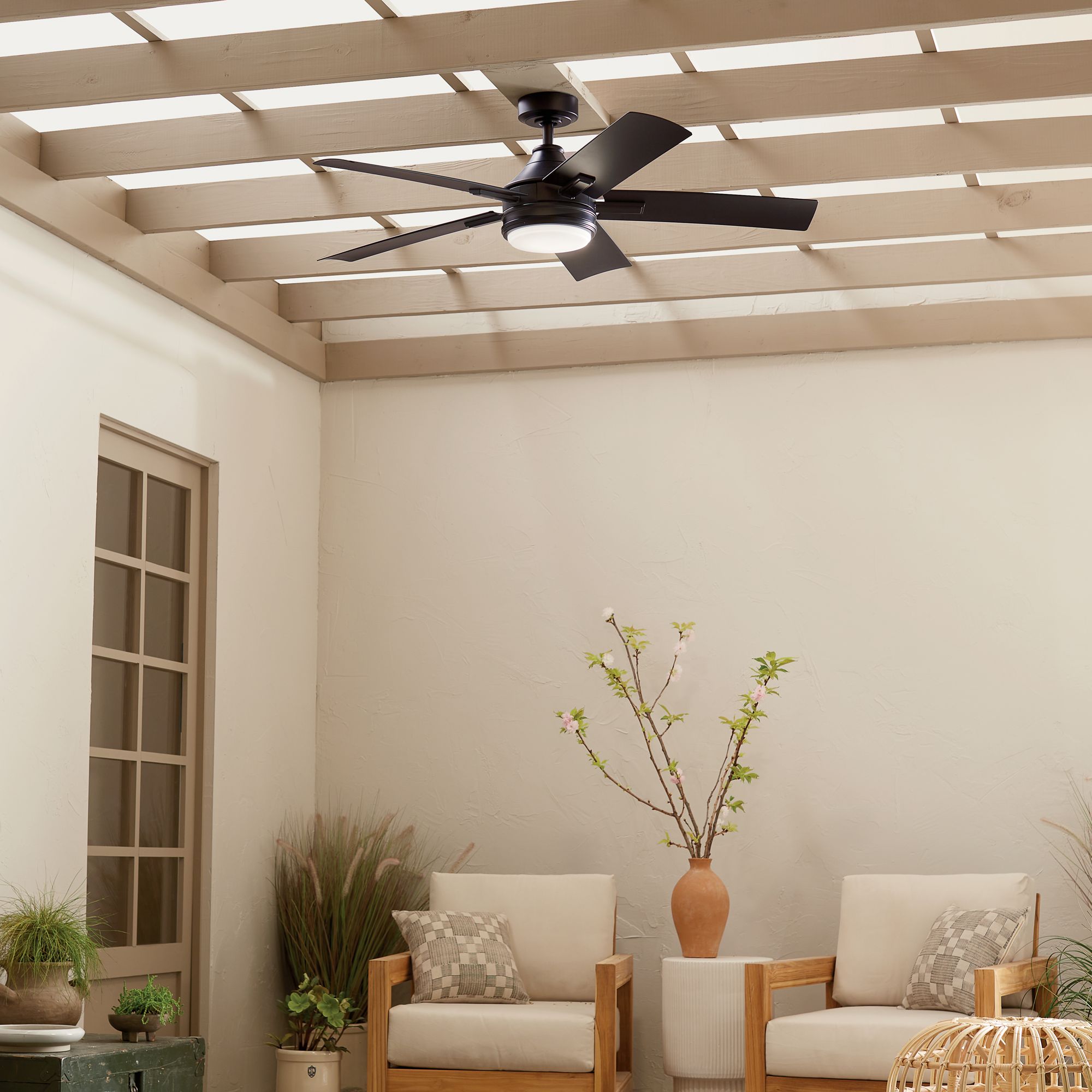 52" Kichler Tide Weather+ Black LED Wet Ceiling Fan with Remote in scene