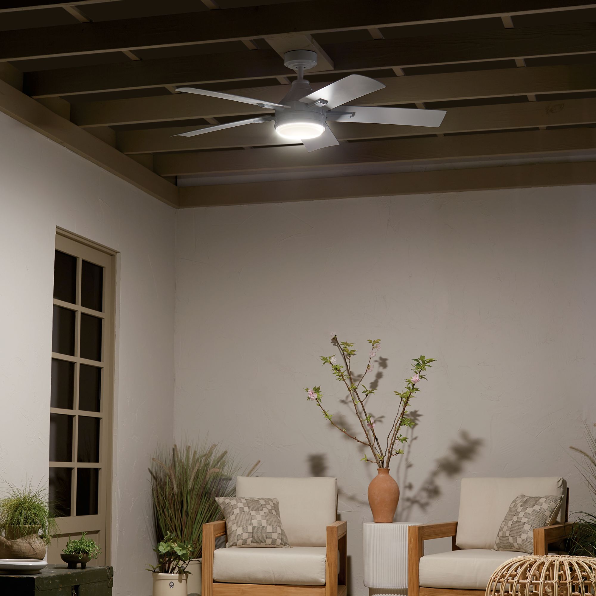 52" Kichler Tide Weather+ White LED Wet Ceiling Fan with Remote in scene