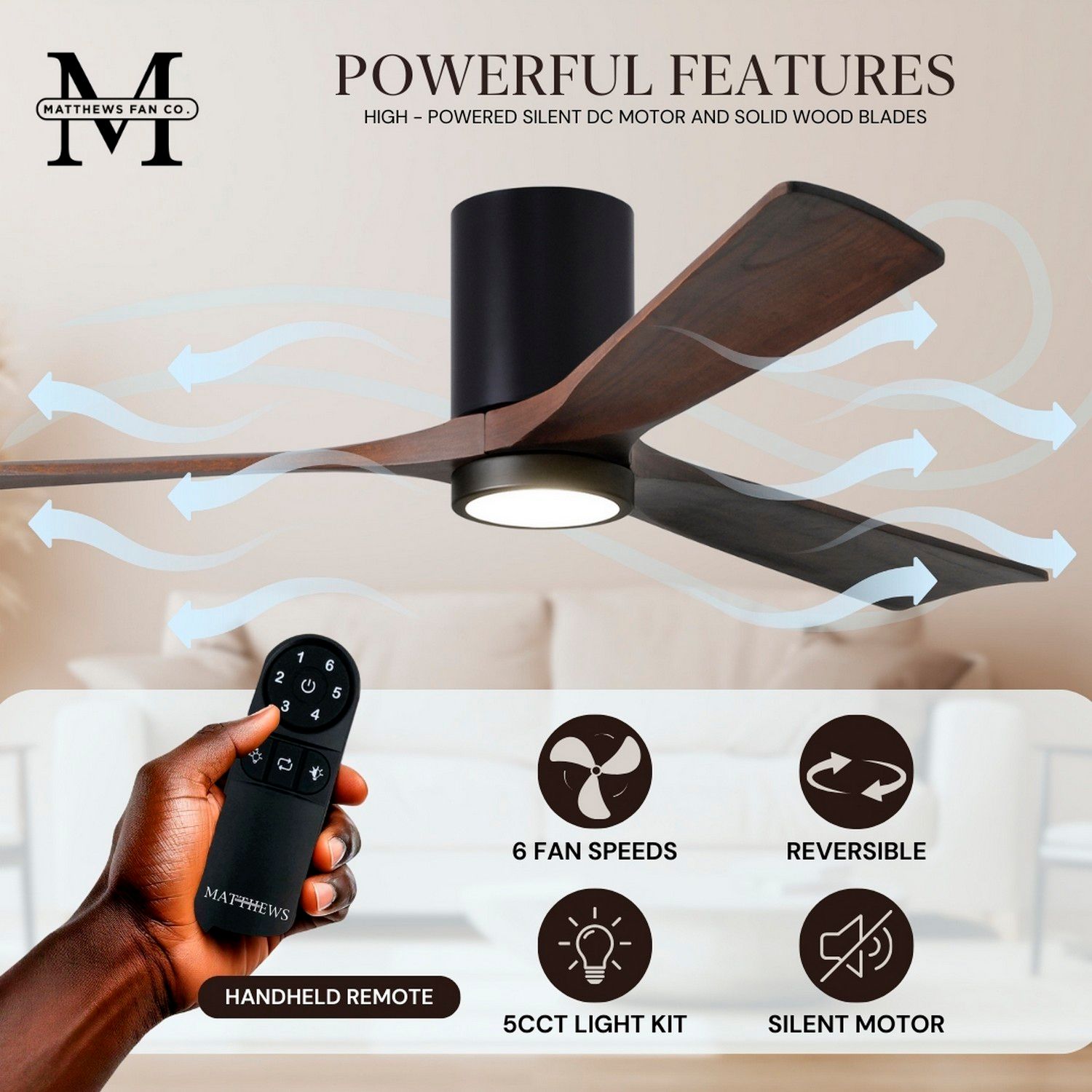 52" Matthews Irene 3H Black and Walnut Remote Hugger LED Ceiling Fan