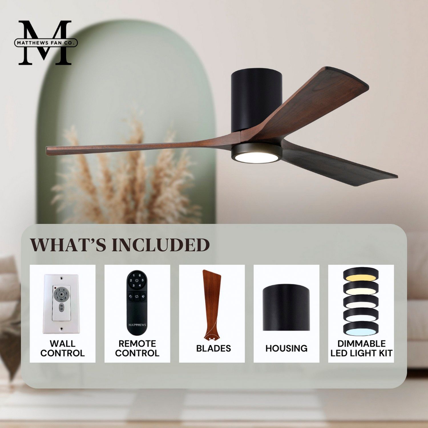 52" Matthews Irene 3H Black and Walnut Remote Hugger LED Ceiling Fan