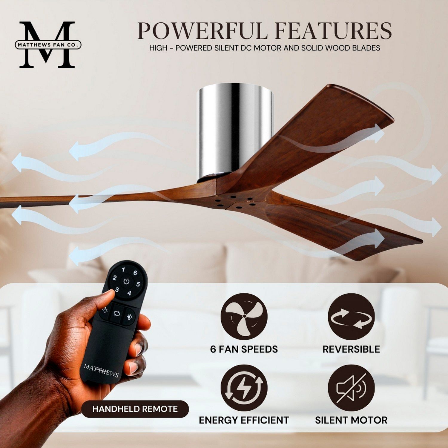 52" Matthews Irene-3H Blade Chrome-Walnut Hugger Fan with Remote