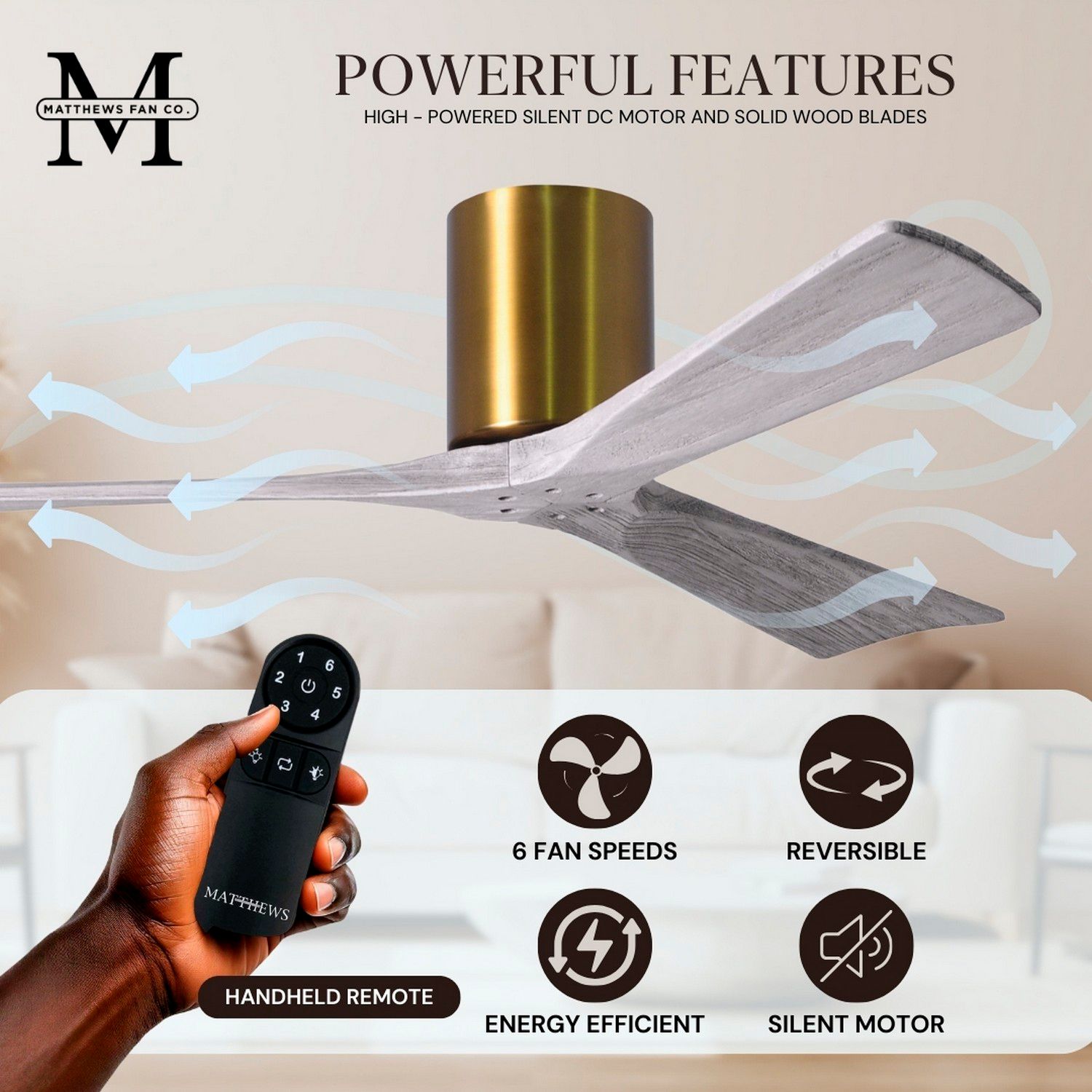 52" Matthews Irene 3H Brass and Barn Wood Remote Hugger Ceiling Fan