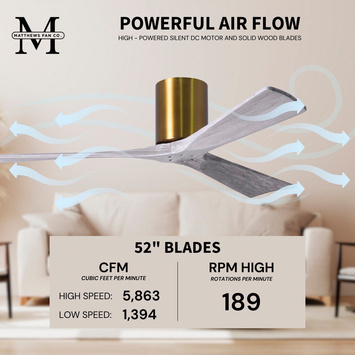 52" Matthews Irene 3H Brass and Barn Wood Remote Hugger Ceiling Fan