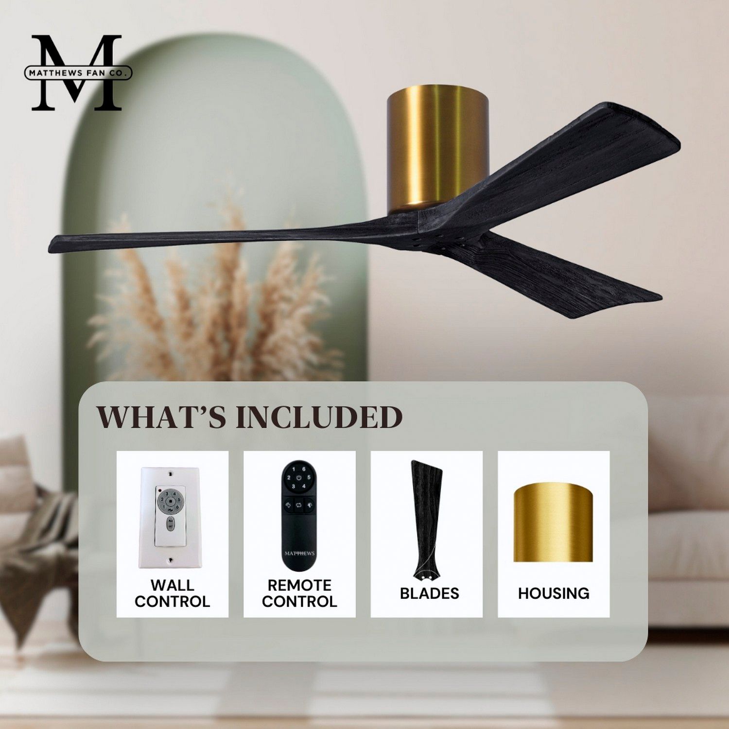 52" Matthews Irene 3H Brass and Matte Black Remote Hugger Ceiling Fan