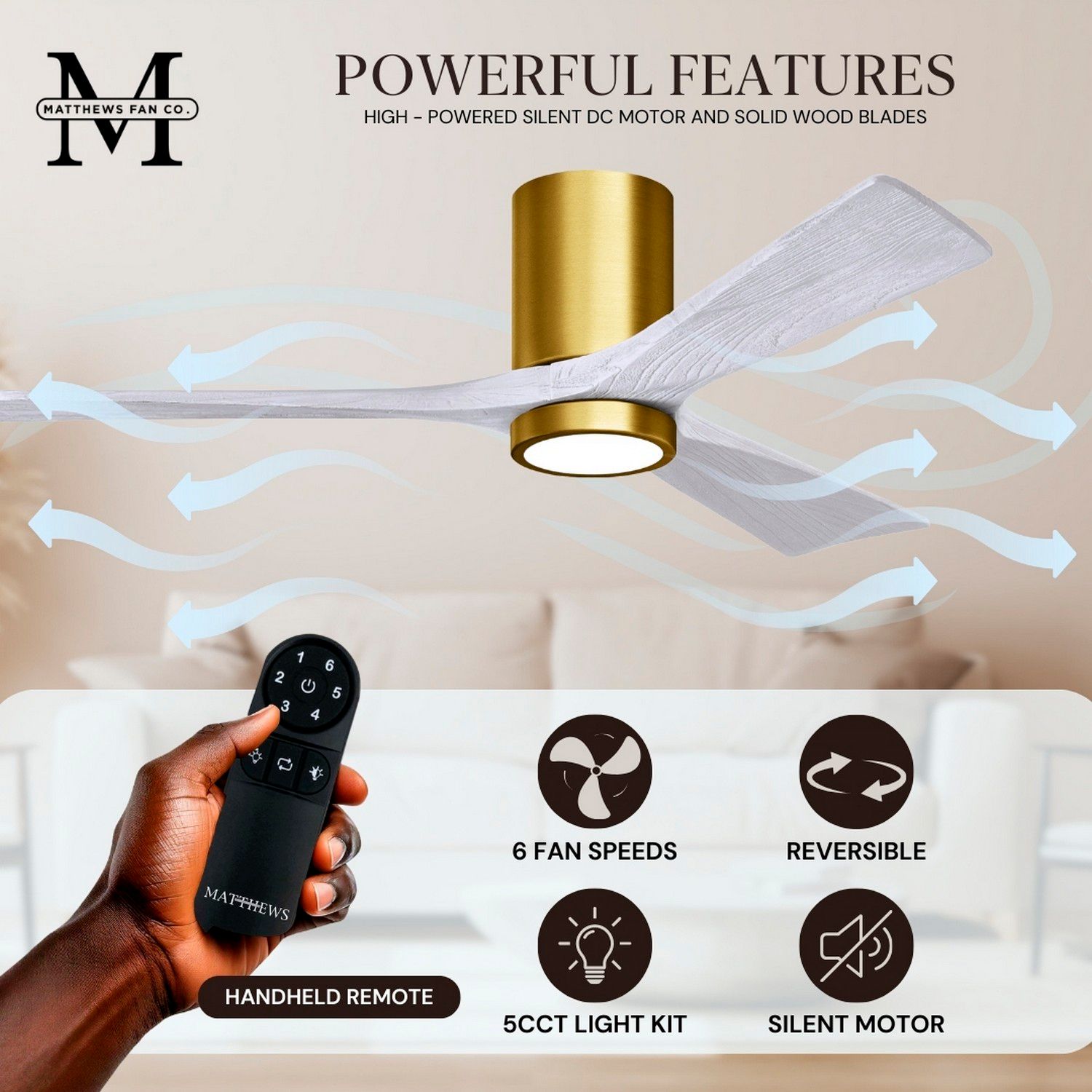 52" Matthews Irene 3H Brass and White Remote Hugger LED Ceiling Fan