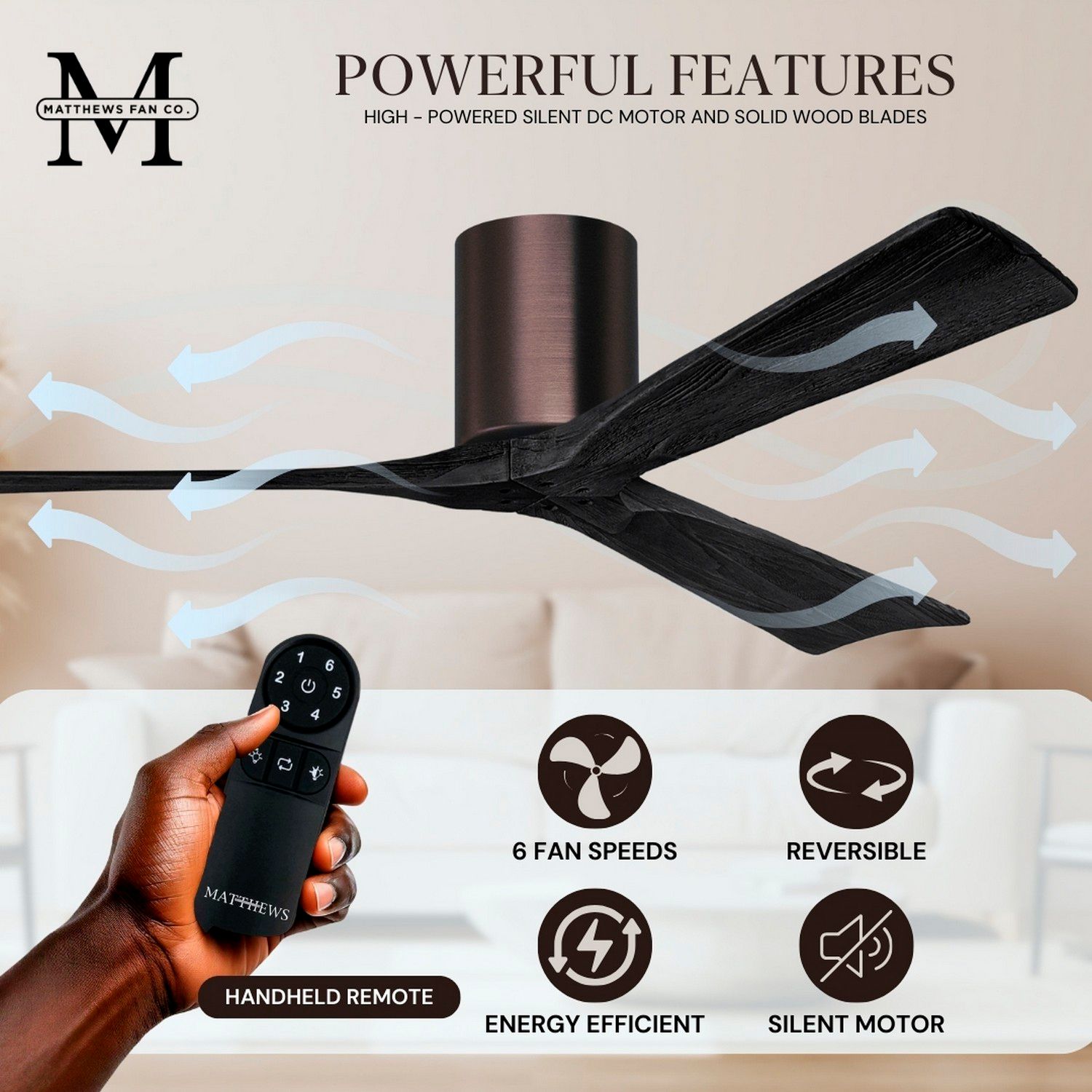 52" Matthews Irene 3H Bronze and Black Remote Hugger Ceiling Fan