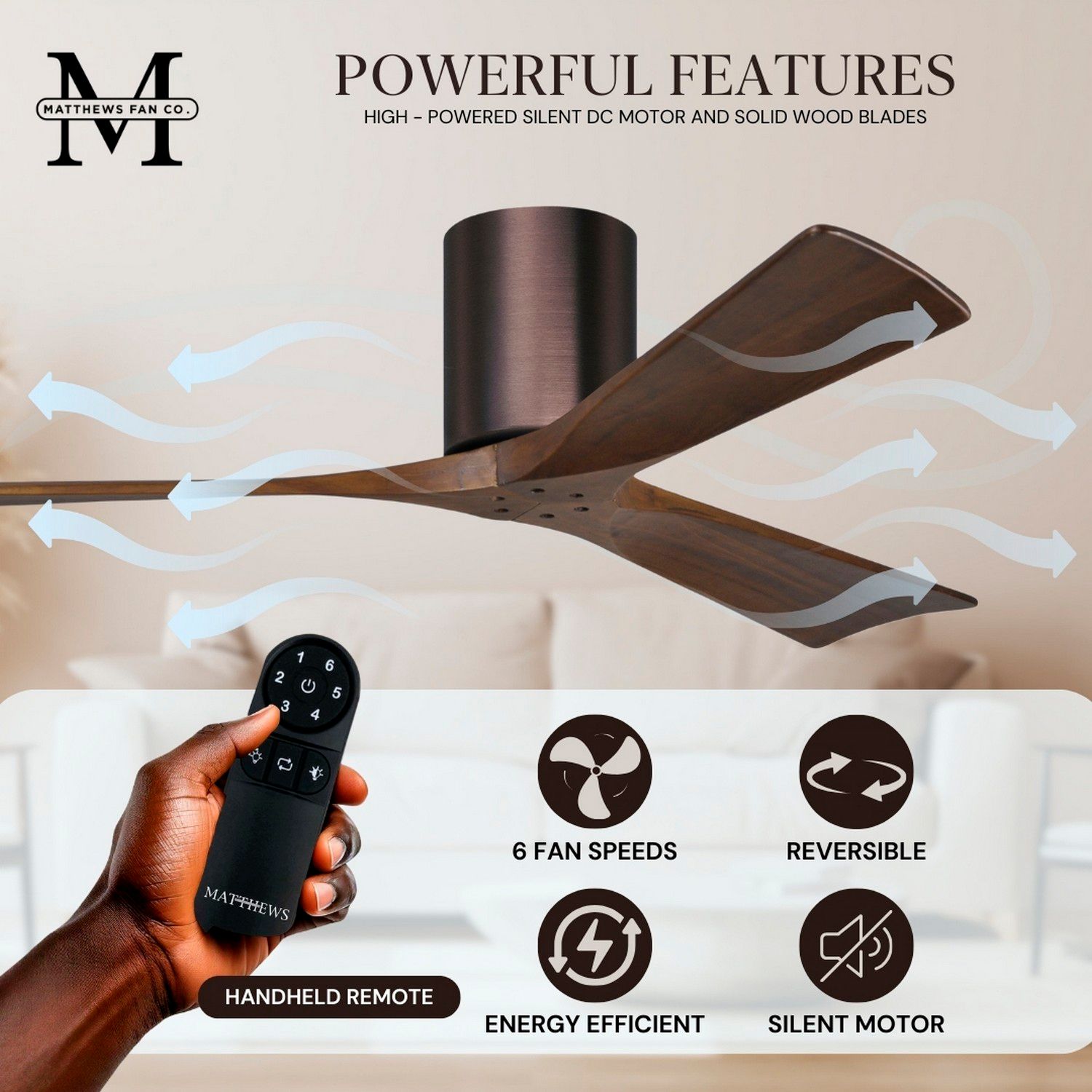 52" Matthews Irene 3H Bronze and Walnut Remote Hugger Ceiling Fan