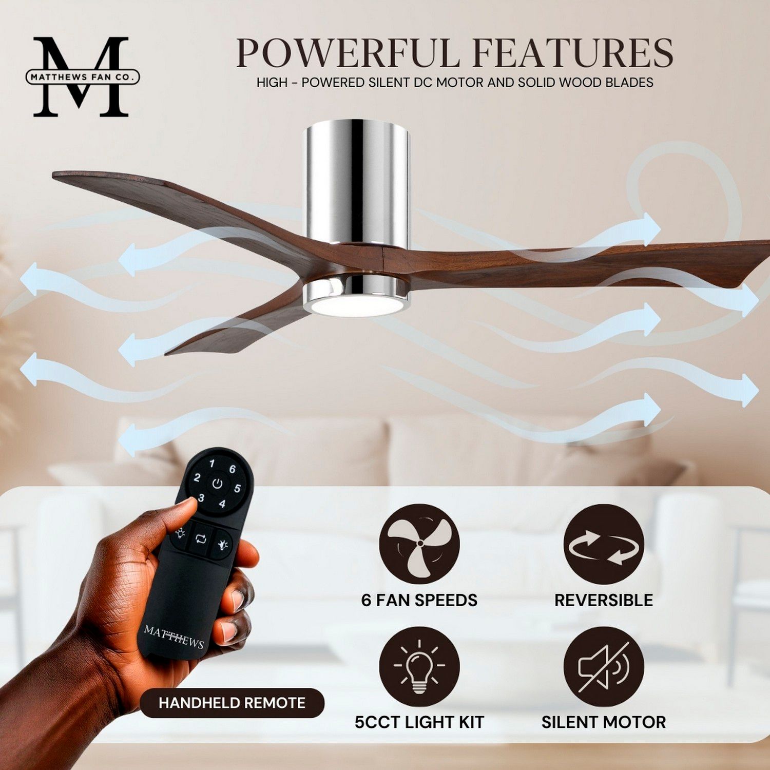 52" Matthews Irene 3H Chrome Walnut LED Hugger Ceiling Fan with Remote