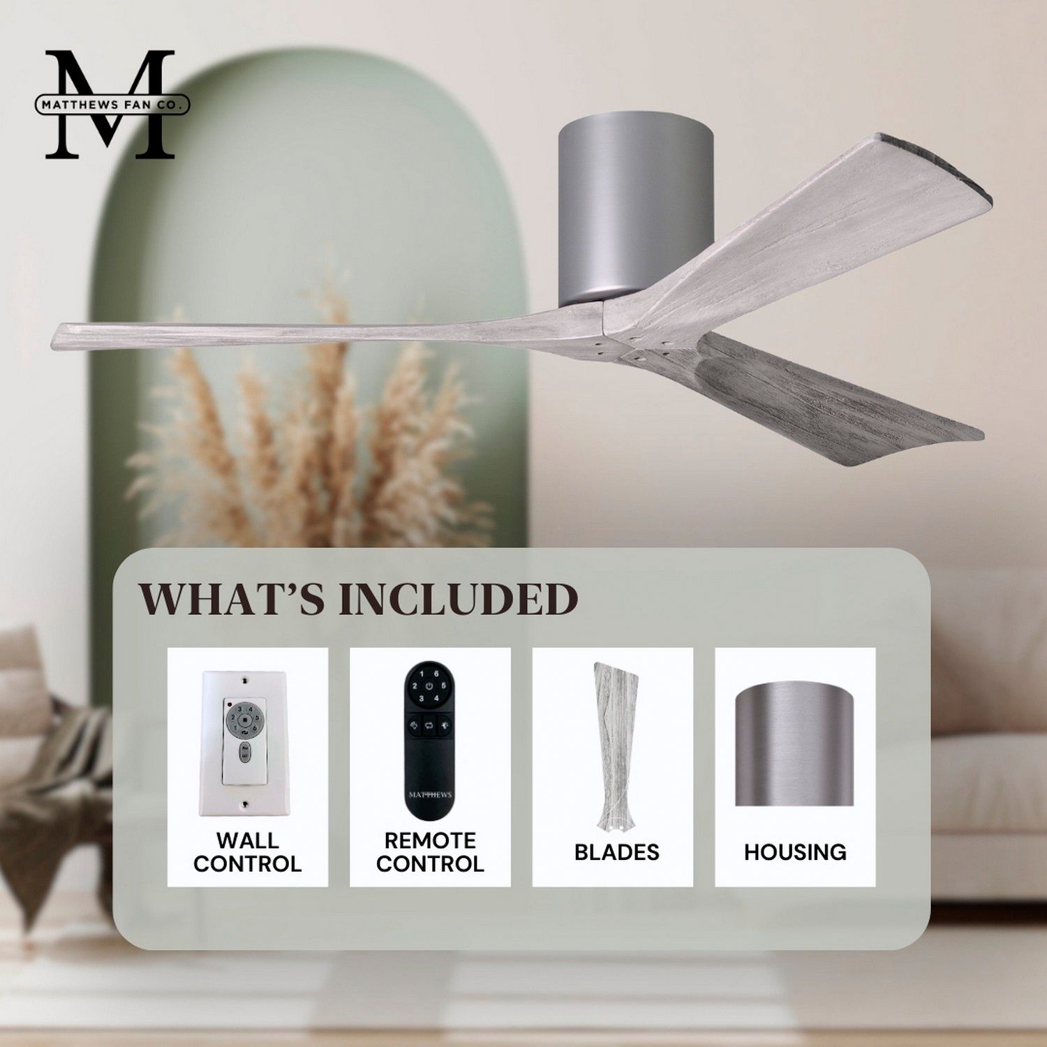 52" Matthews Irene 3H Damp Nickel Barnwood Hugger Fan with Remote